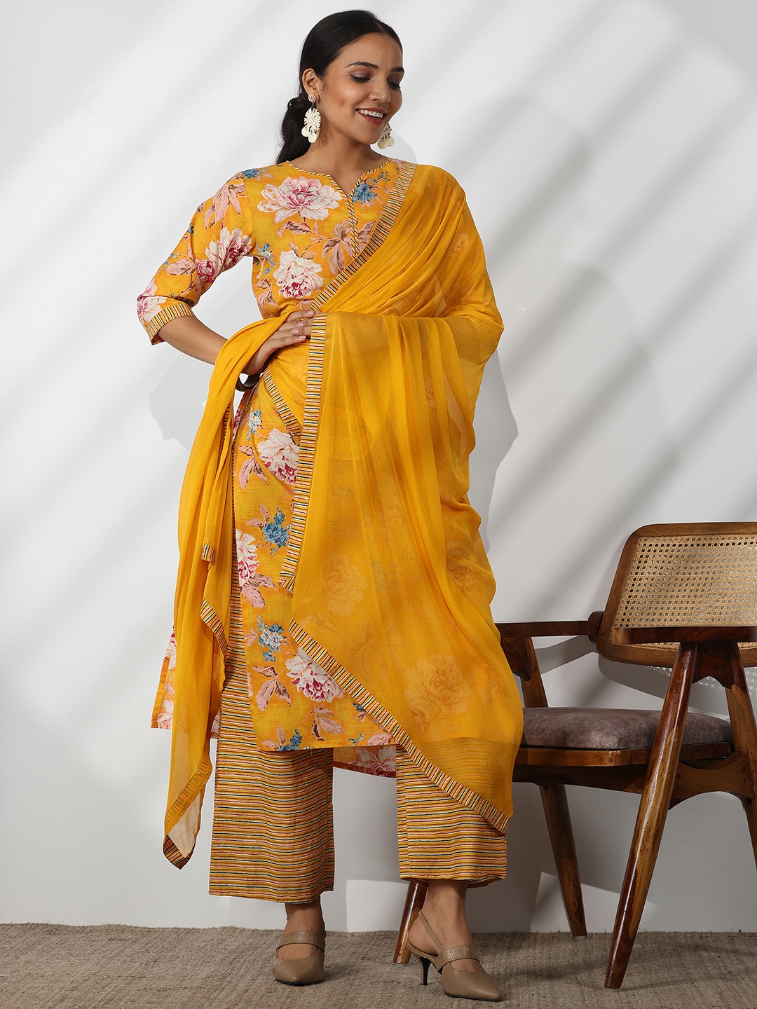 

Libas Floral Printed Pure Cotton Straight Kurta With Palazzos & Dupatta, Mustard