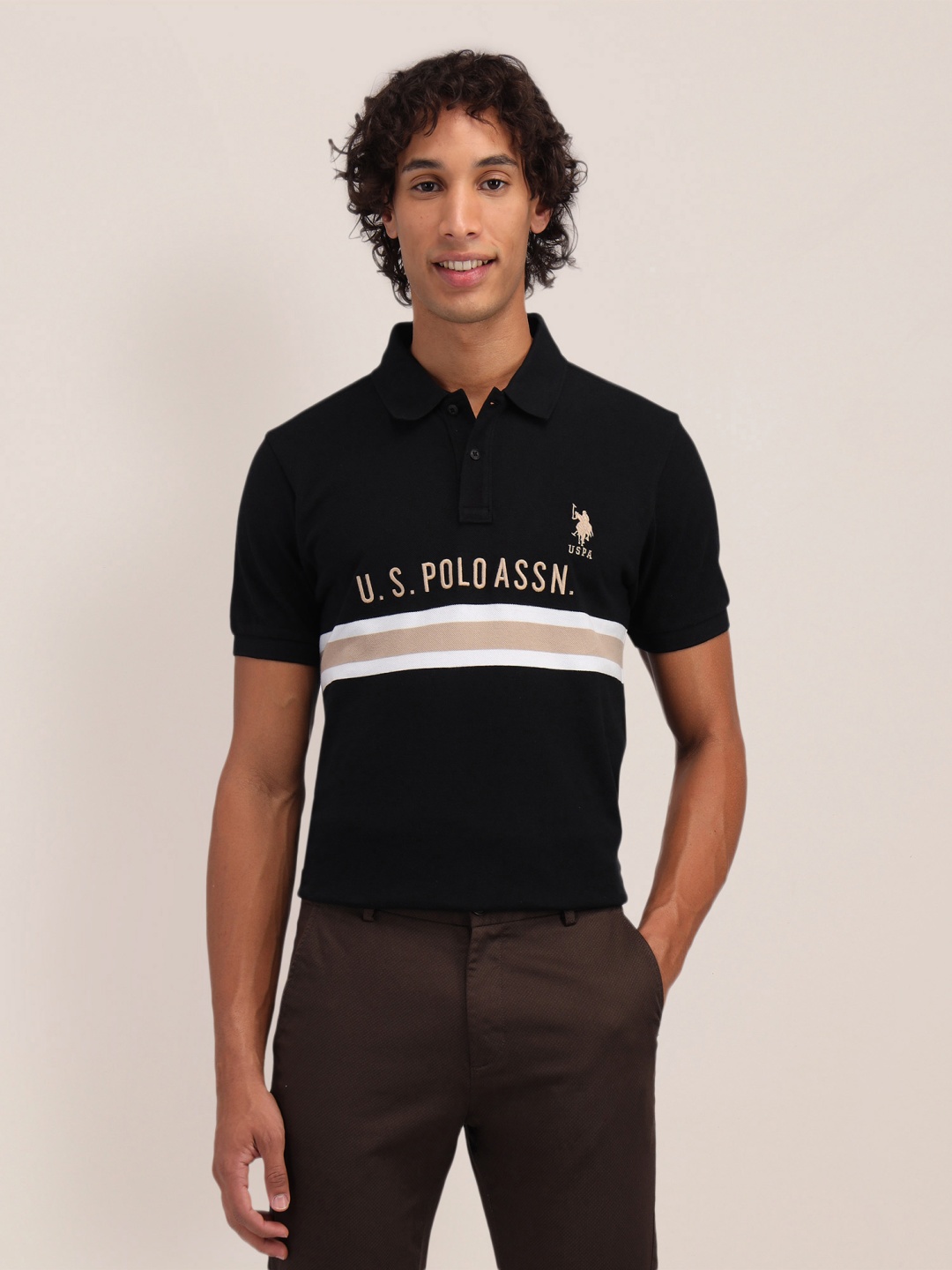 

U.S. Polo Assn. Striped Polo Collar Pure Cotton Slim Fit T-shirt, Black