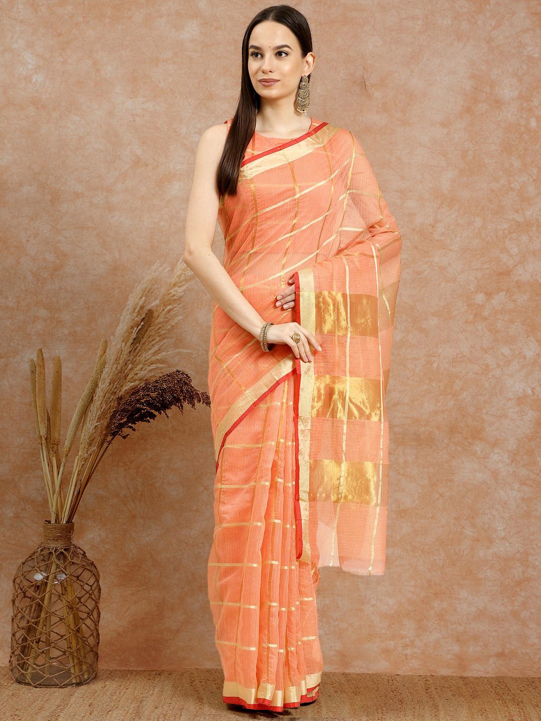 

Sangria Checked Zari Saree Comes With Blouse Piece, Peach