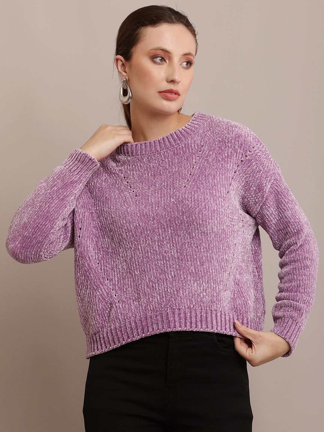 

NoBarr Women Ribbed Self Design Round Neck Pullover Ribbed Sweater, Purple