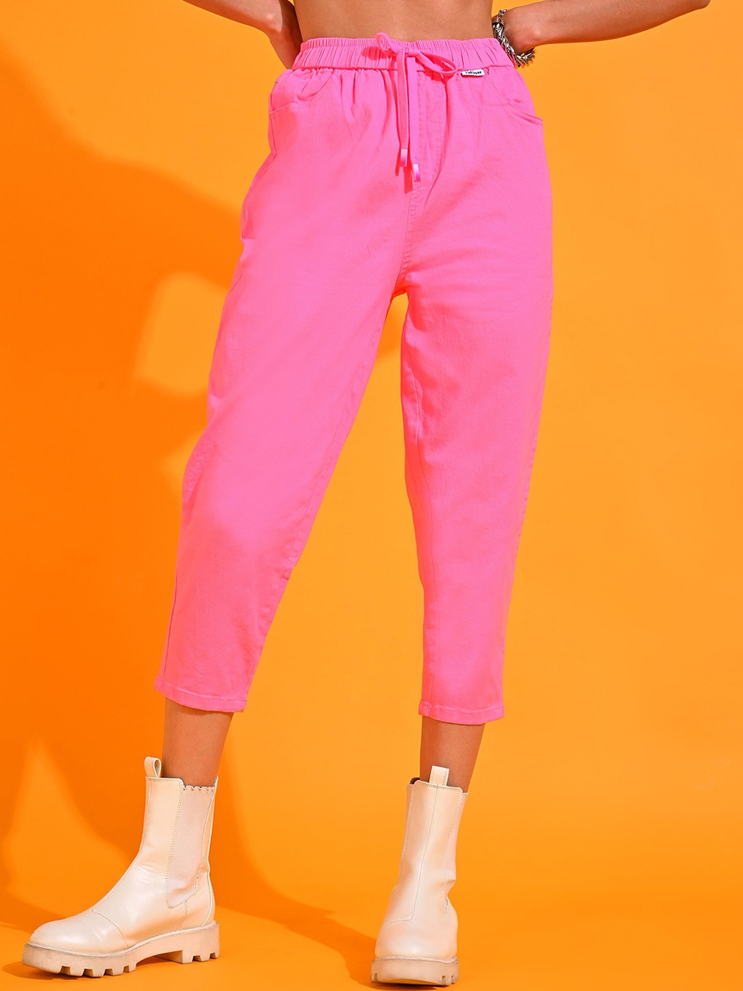

SHECZZAR Women Solid Relaxed Slim Fit Trousers, Pink