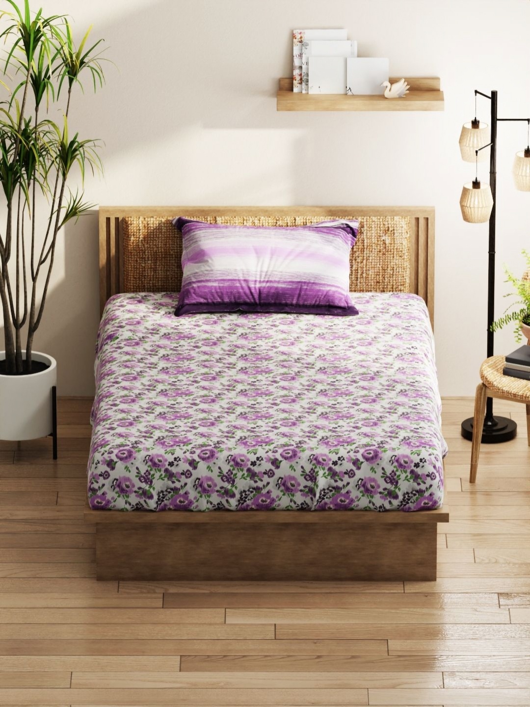 

KOPA Grey & Purple Floral 152 TC Queen Bedsheet with 2 Pillow Covers