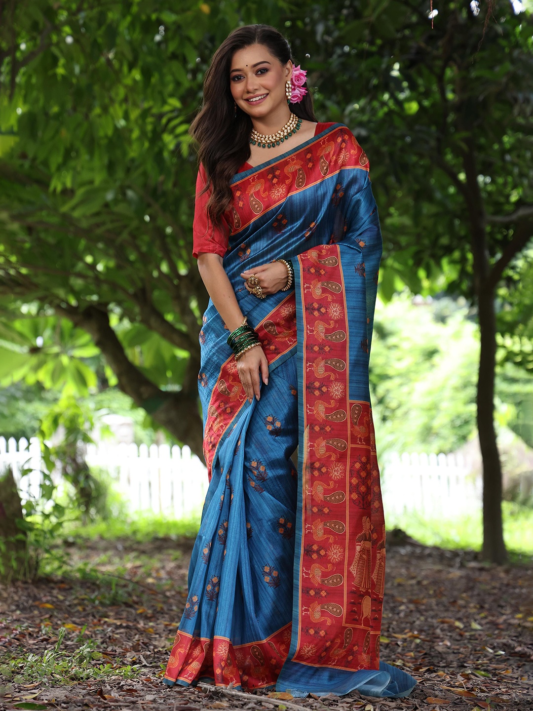 

AWRIYA Kalamkari Tussar Saree, Blue