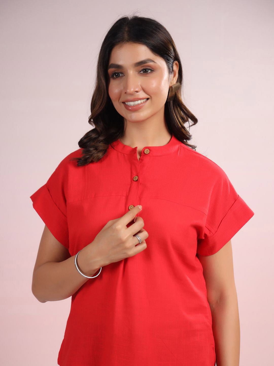 

LYFJ Women Solid Mandarin Collar Cotton Top, Red