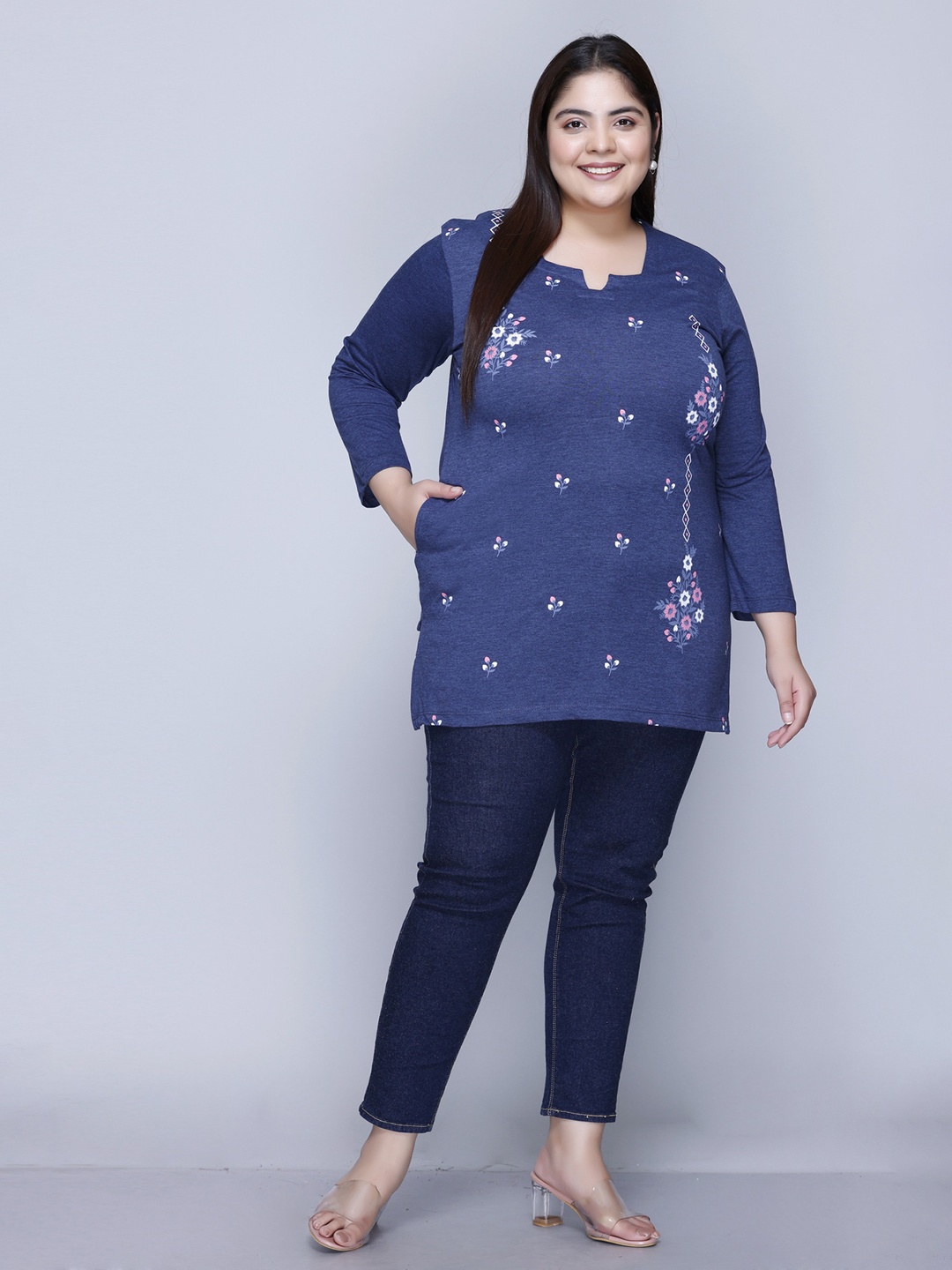 

IN Love Women Floral Printed Regular Fit Plus Size Long T-Shirt, Blue