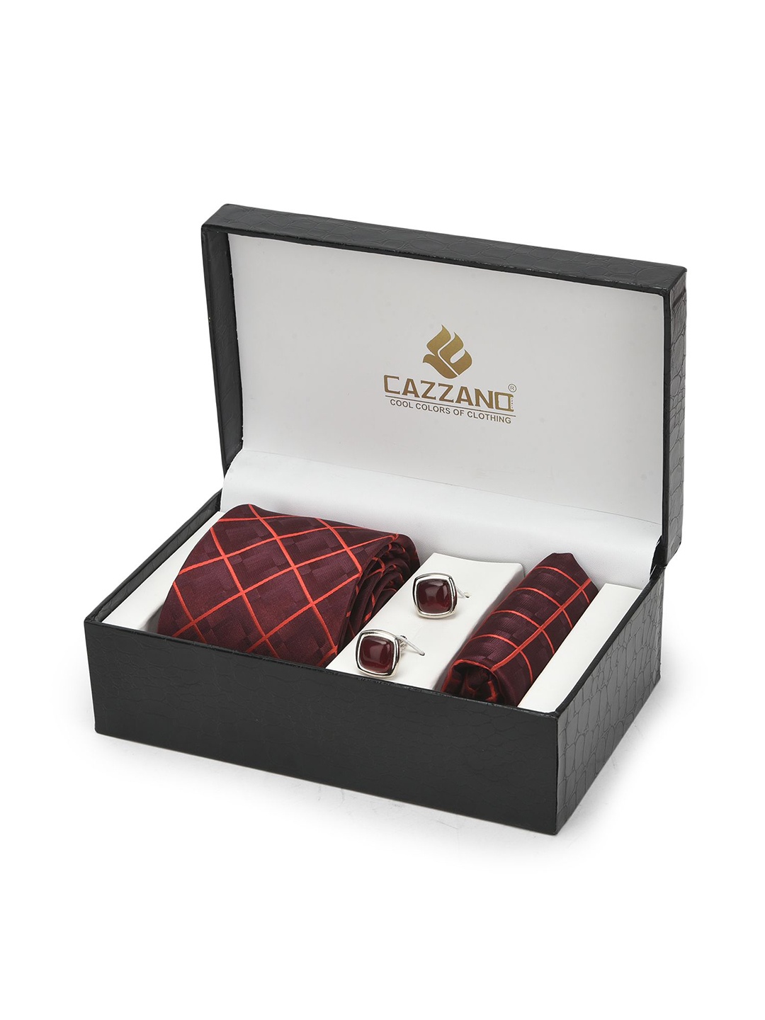 

Cazzano Men Checked Slim Tie, Cufflink & Pocket Square Accessory Gift Set, Maroon