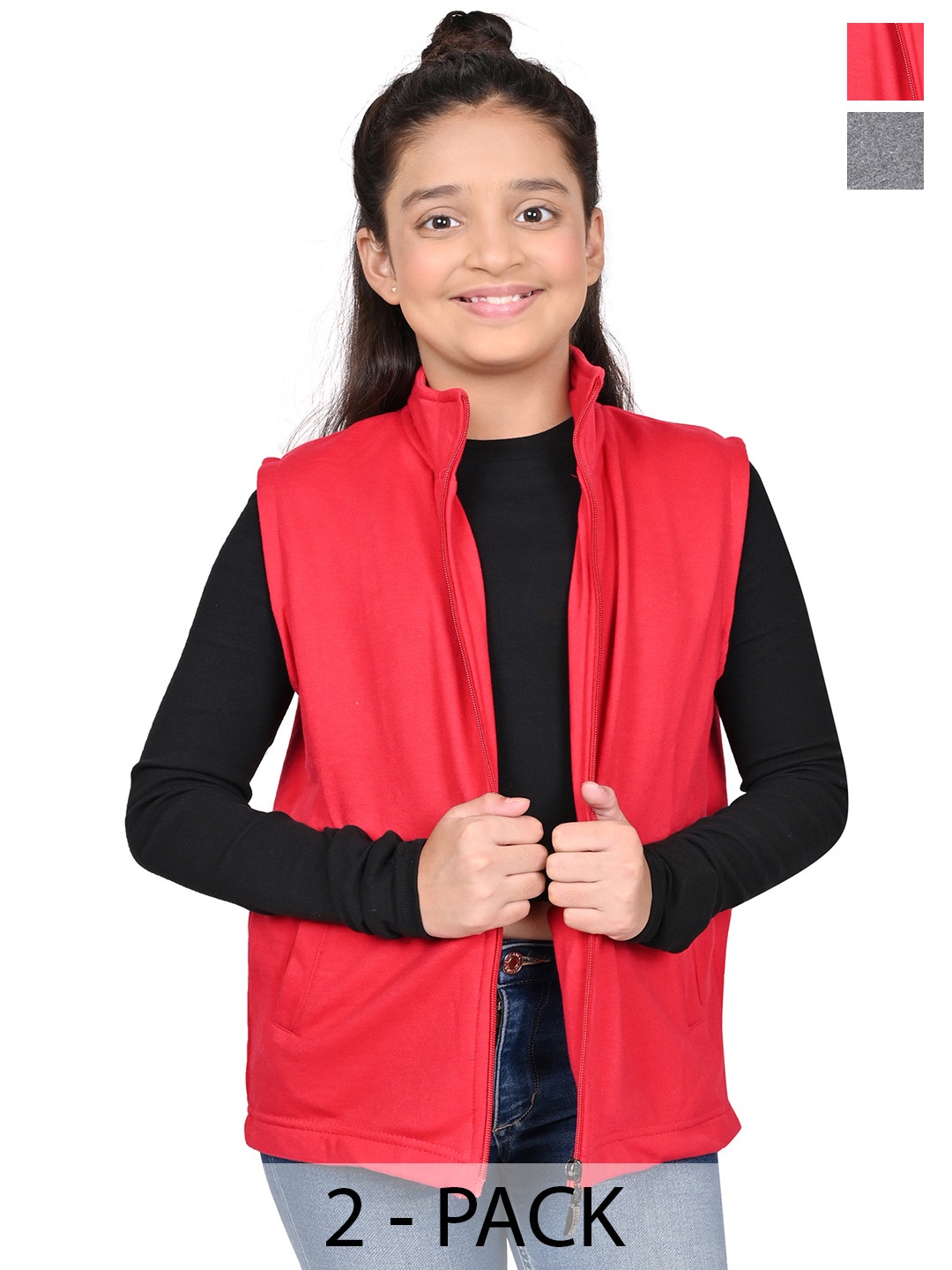 

BAESD Girls Pack Of 2 Mock Collar Solid Fleece Casual Open Front Jackets, Red