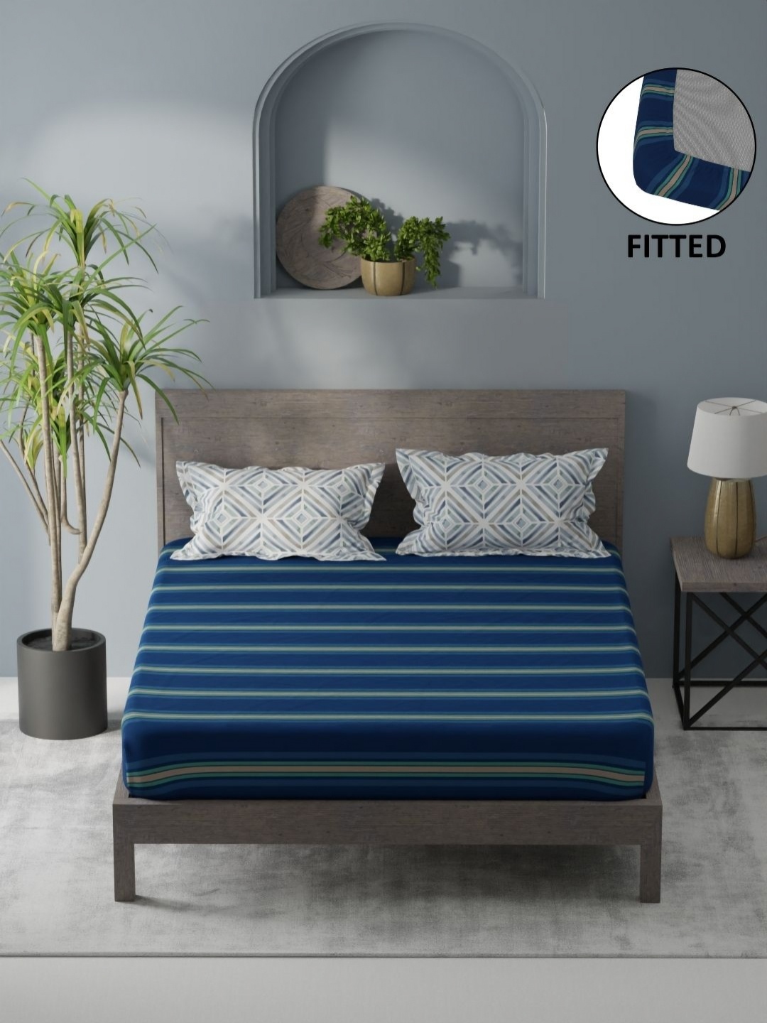 

KOPA Blue Striped 200 TC Microfiber Fitted King Bedsheet Set 1.80 m X 1.98 m X 25 cm