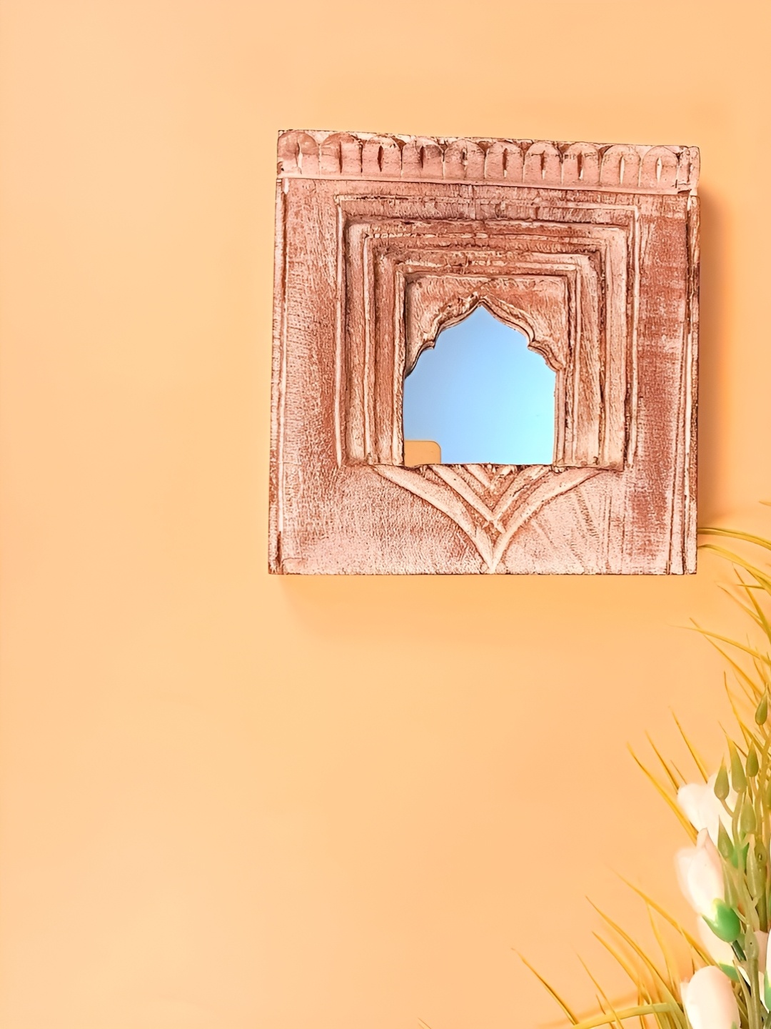

apka mart Beige Square Shaped Wooden Jharokha Frame With Mirror Wall Decor
