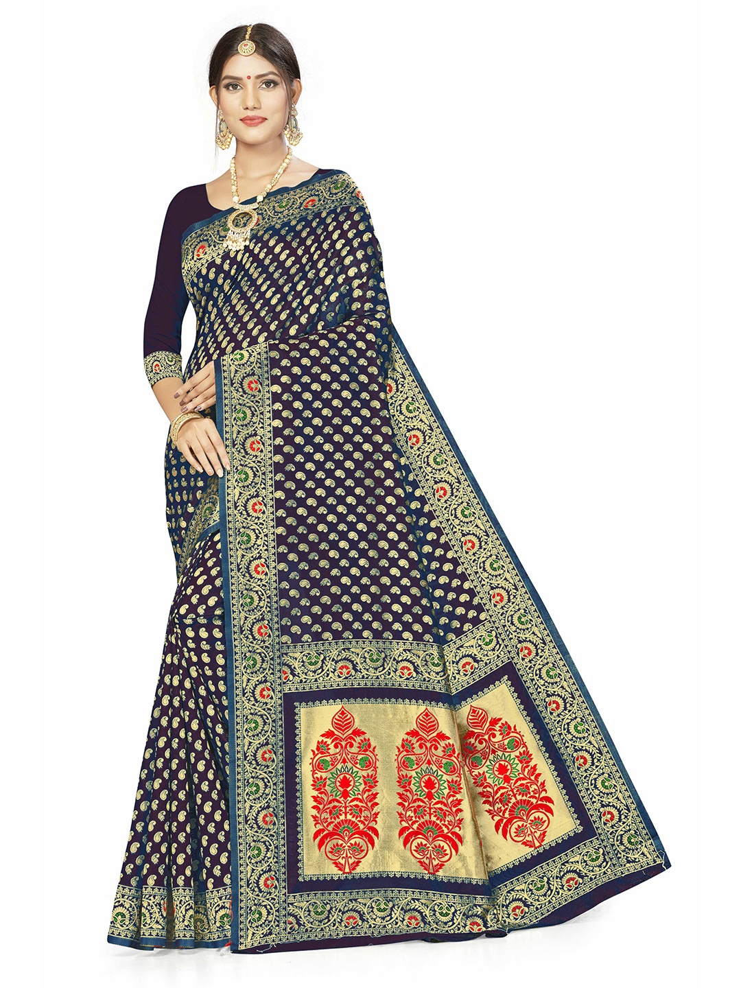

Maroosh Women Paisley Zari Banarasi Saree With Blouse Piece, Purple