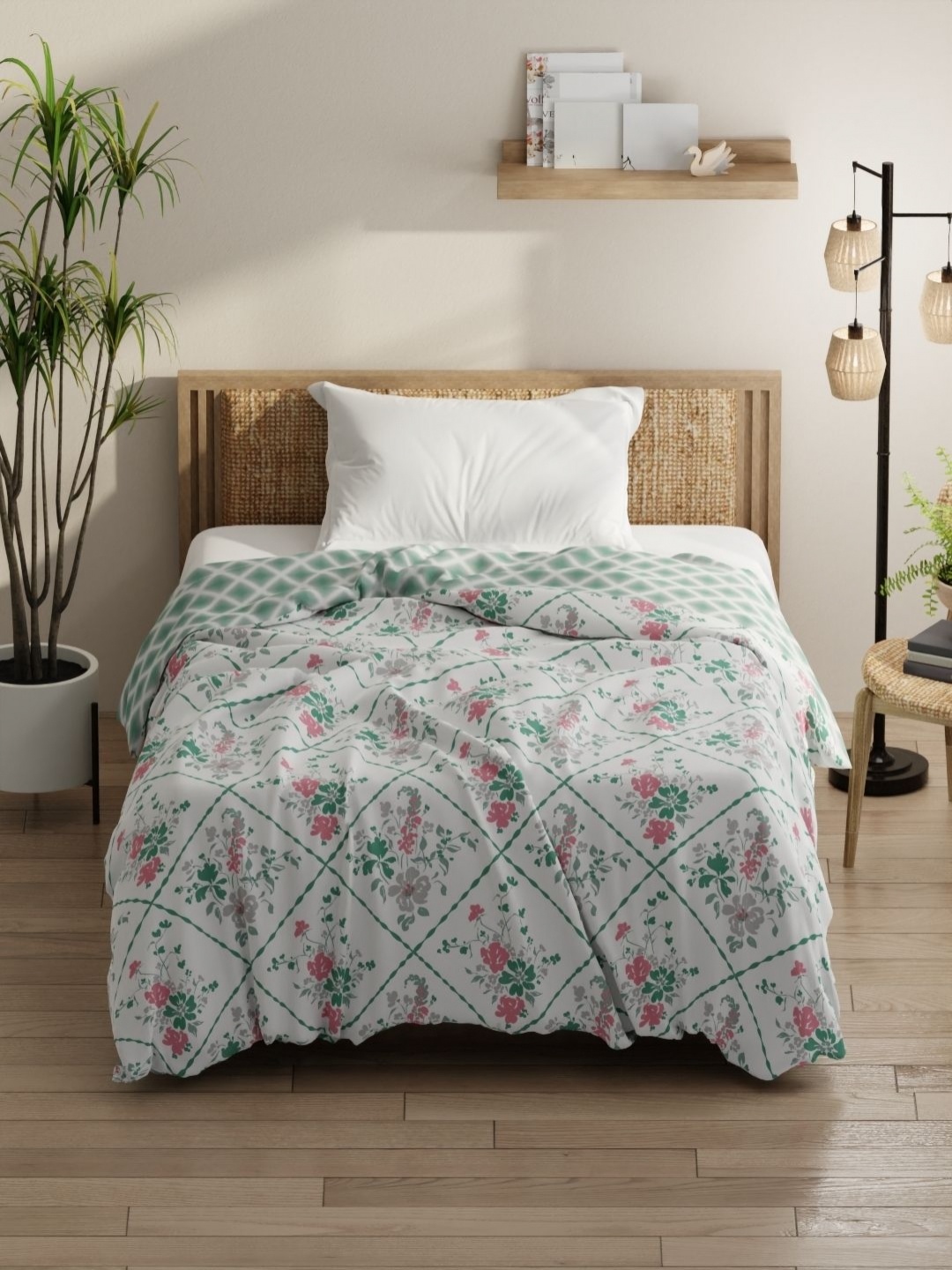 

KOPA White & Grey Floral Printed Microfiber AC Room 150 GSM Single Bed Comforter