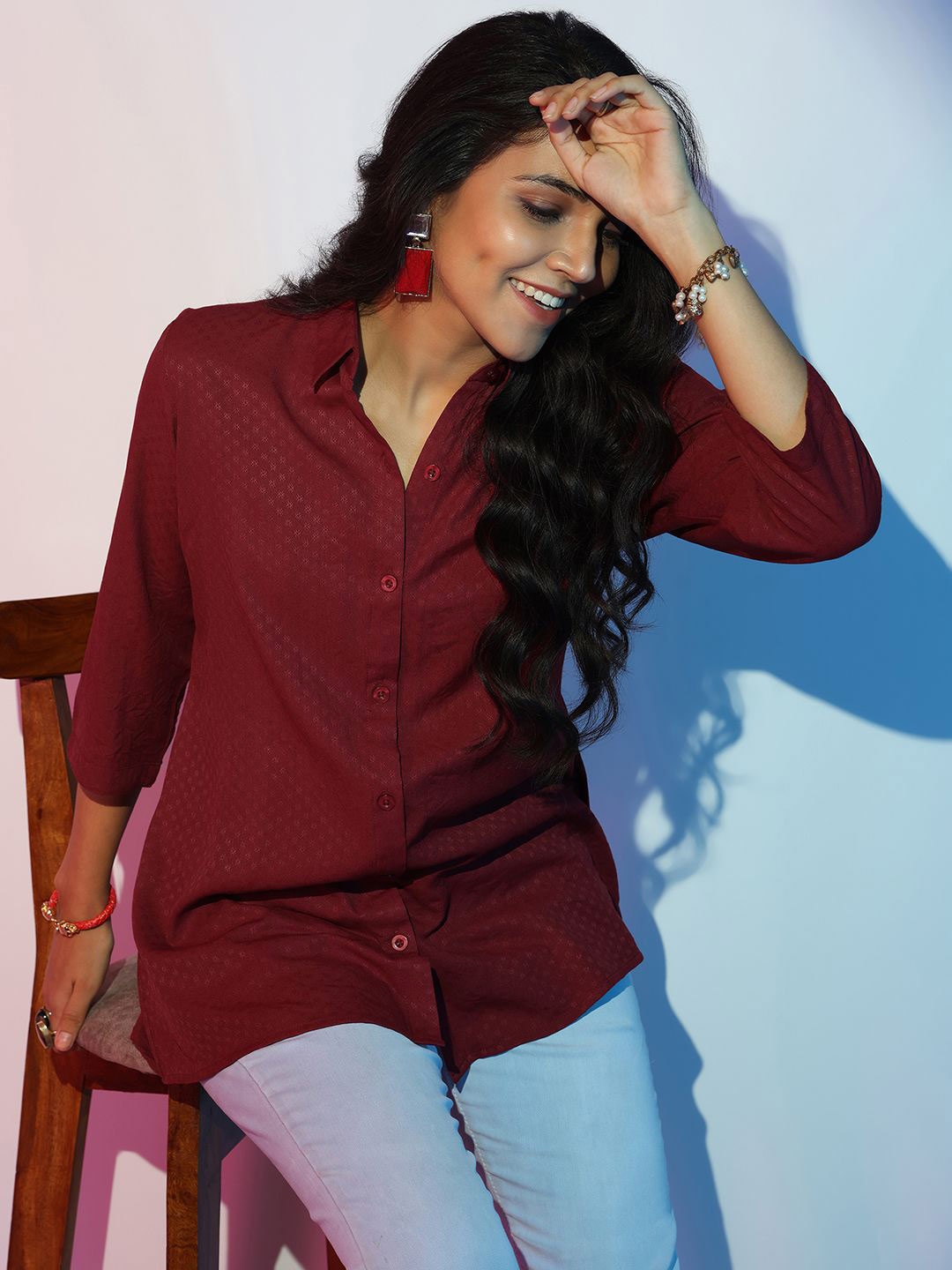 

Libas Women Self Design Shirt Collar Front Open Tunic, Maroon