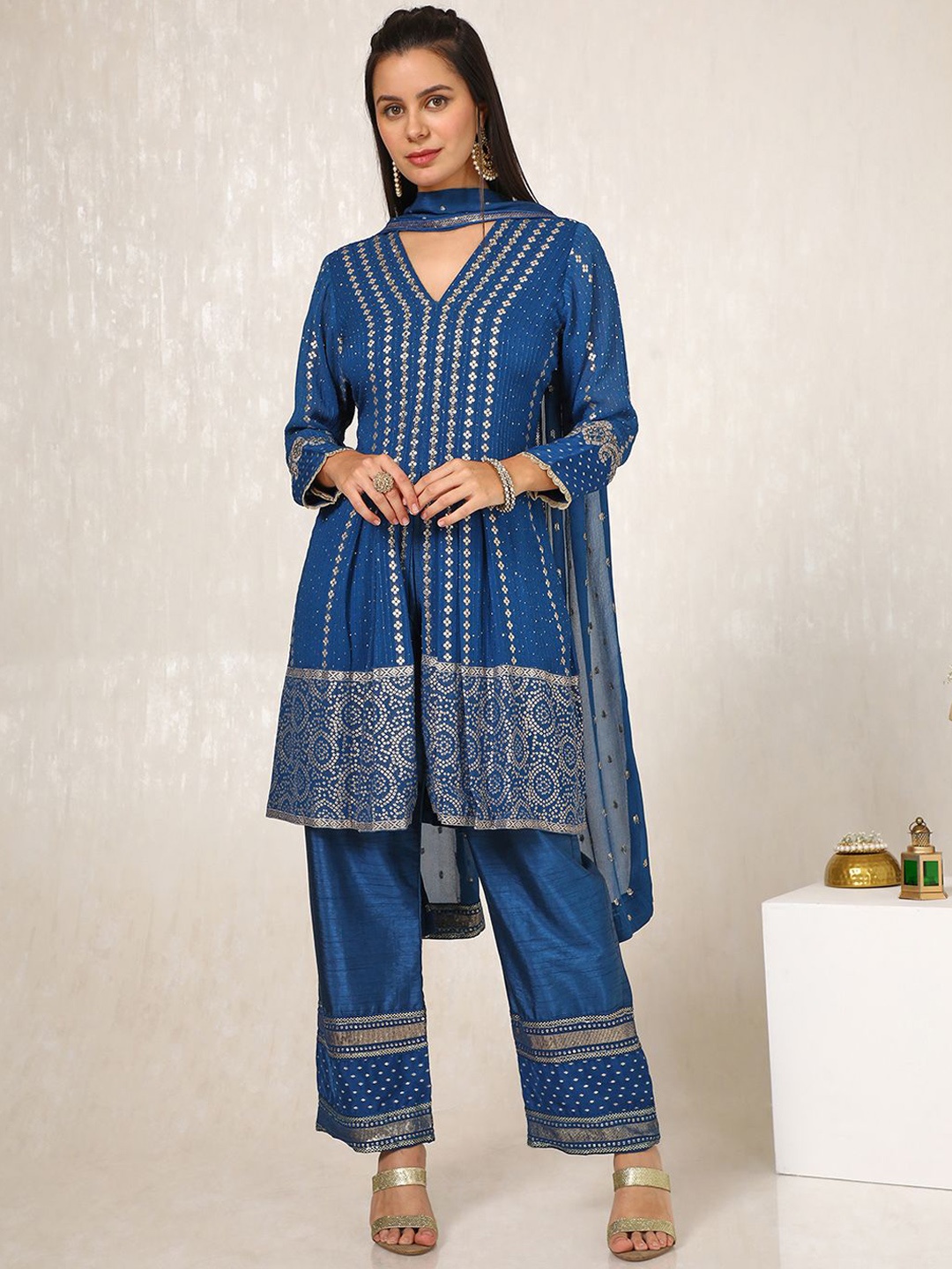 

Soch Ethnic Motifs Embroidered Pleated Sequinned Anarkali Kurta with Trousers & Dupatta, Blue