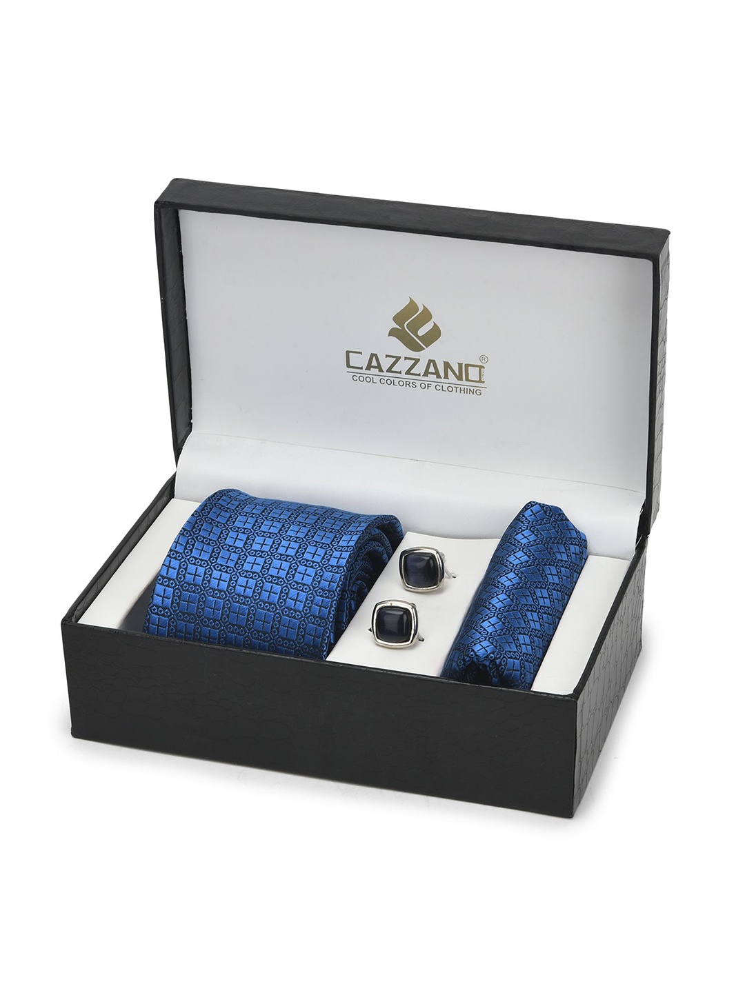 

Cazzano Men Checks Embroidered Slim Tie Cufflinks & Pocket Square Accessory Gift Set, Blue