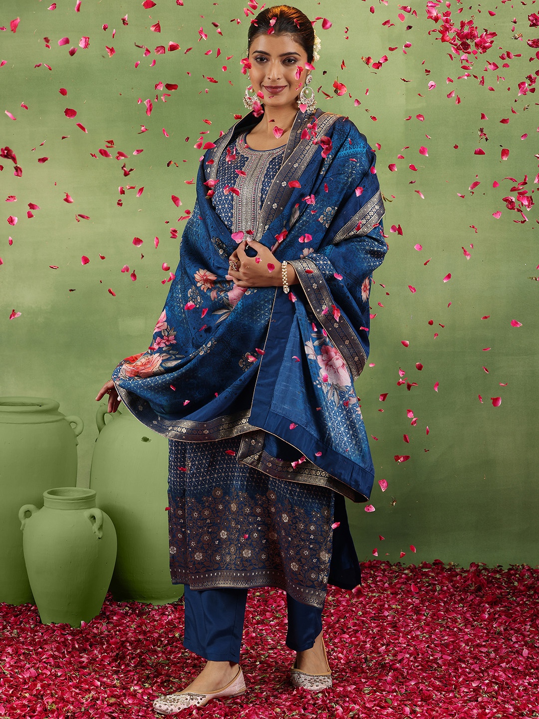 

Libas Ethnic Motifs Printed Straight Kurta With Trousers & Dupatta, Blue