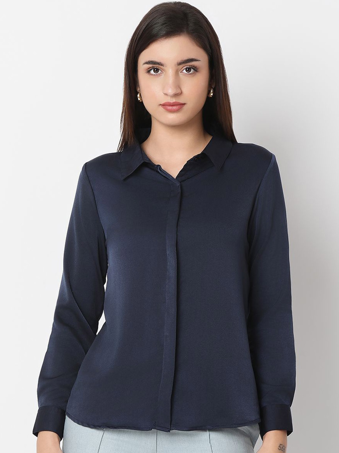 

NOT SO PINK Women Premium Spread Collar Solid Satin Formal Shirt, Navy blue