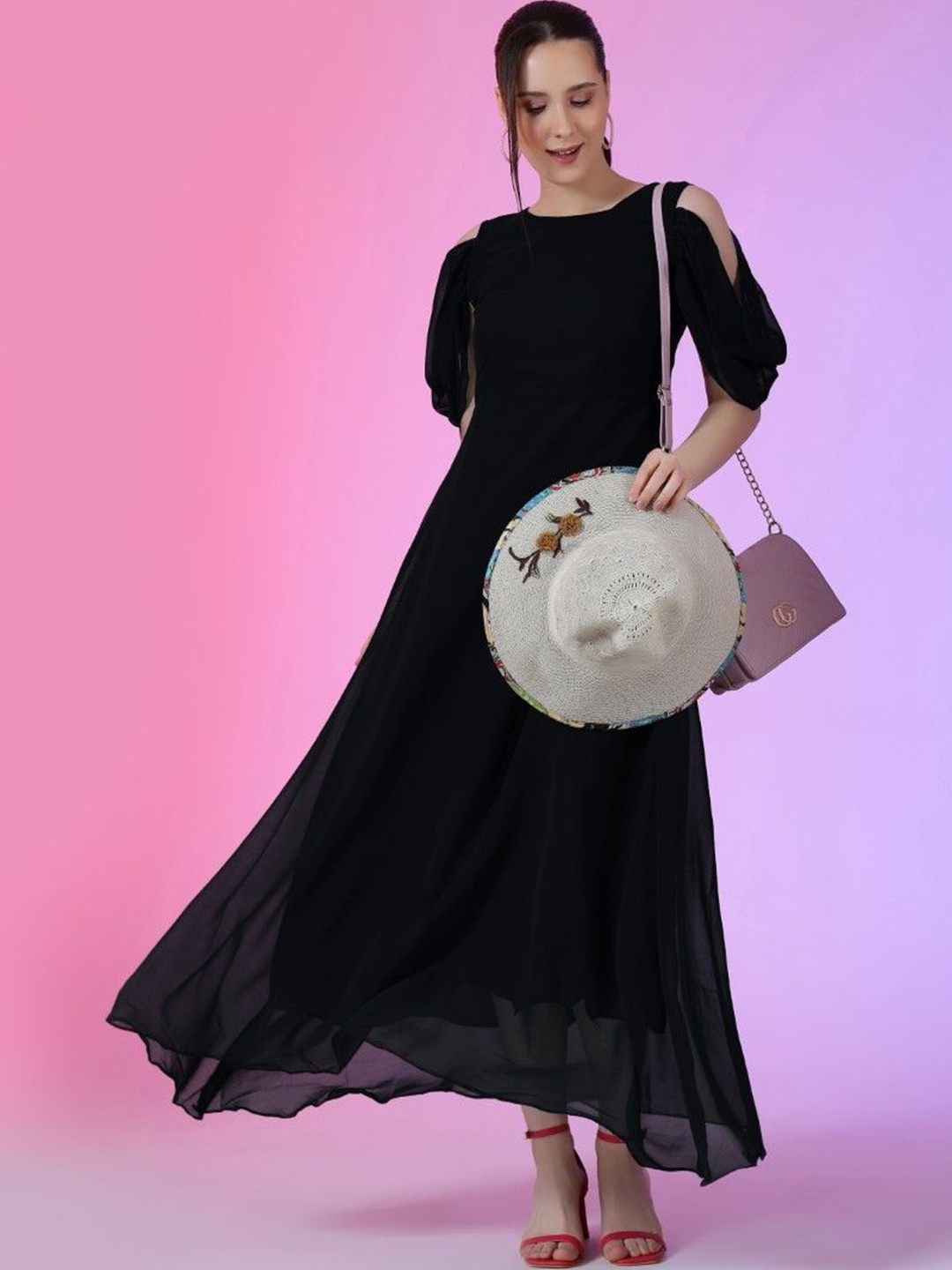 

Femvy Georgette Solid Maxi Dress With Cold-Shoulder Sleeves, Black