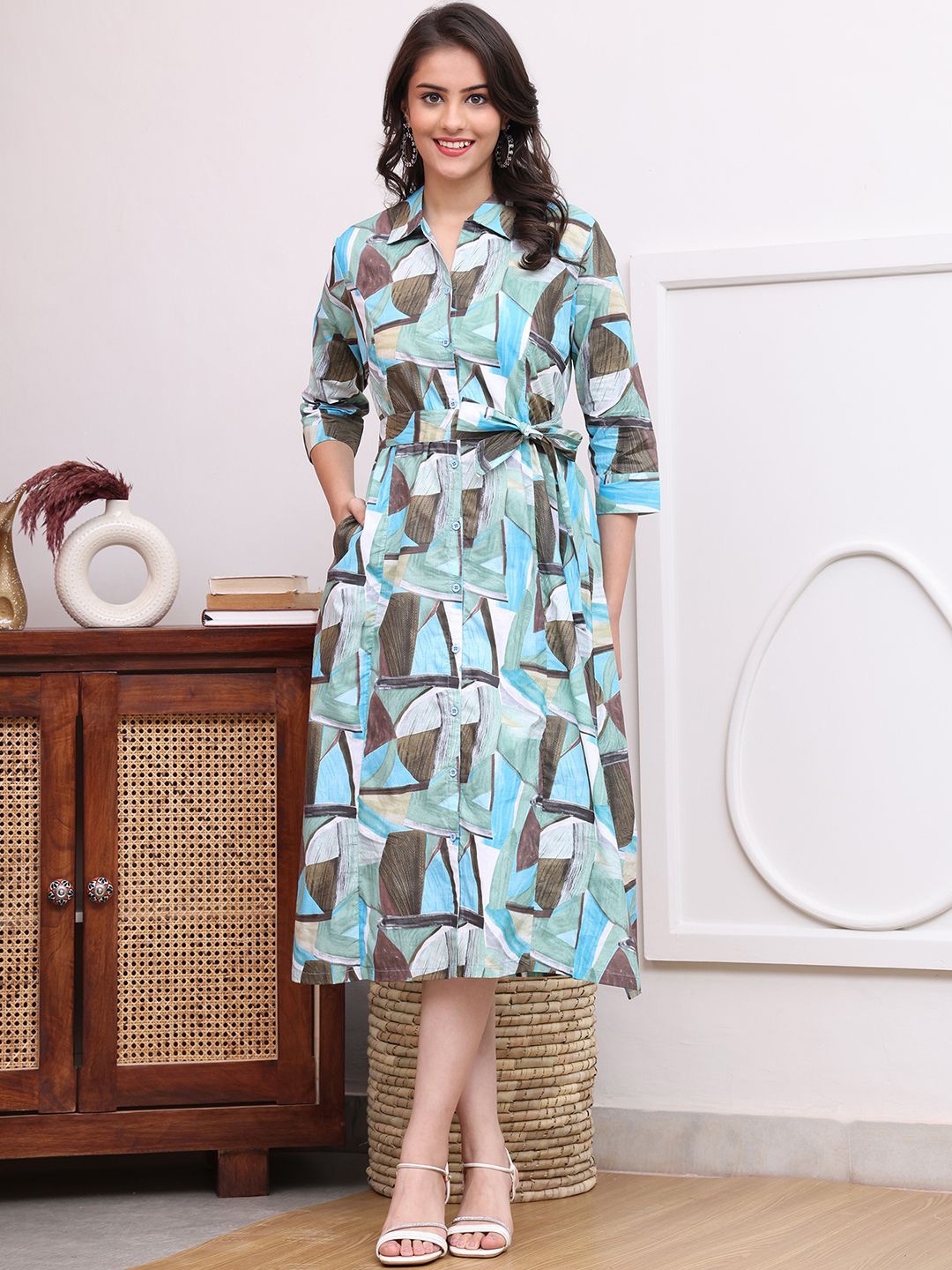 

Claura Printed Pure Cotton Shirt Midi Dress, Blue