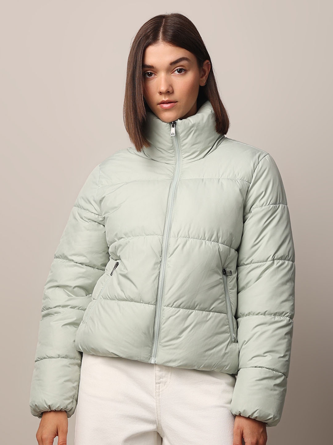 

ONLY Women Mock Collar Solid Casual Puffer Jacket, Green