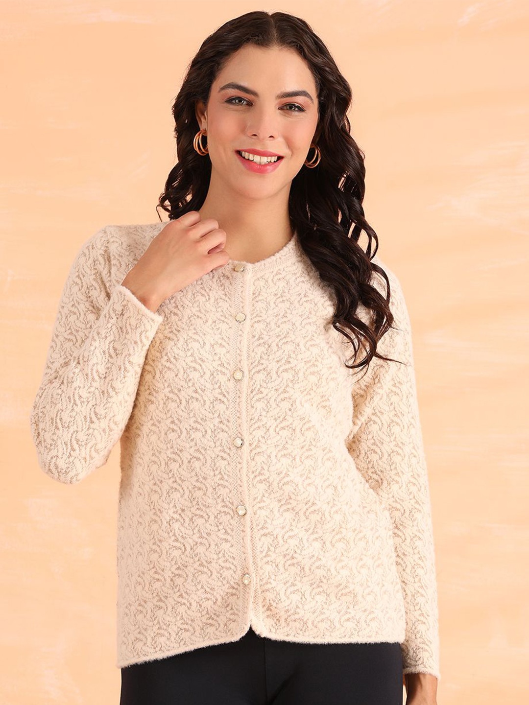 

Cayman Women Self Design Quirky Henley Neck Woollen Cardigan, Beige