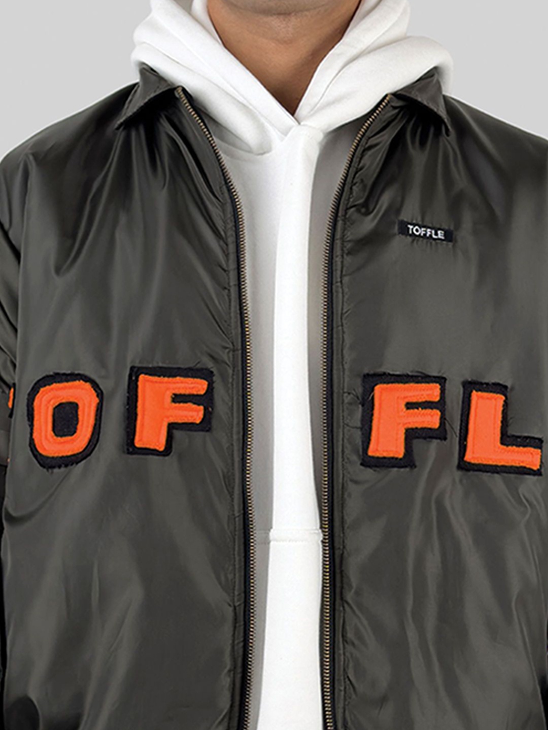 

TOFFLE Unisex Hooded Typography Printed Nylon Casual Bomber Jacket, Olive
