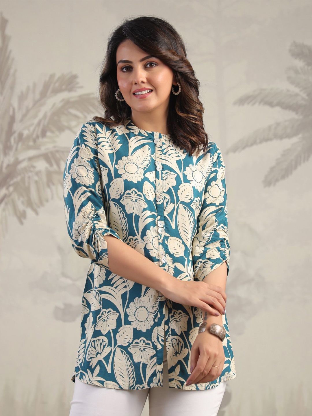 

JISORA Women Floral Printed Round Neck Pure Silk Top, Green