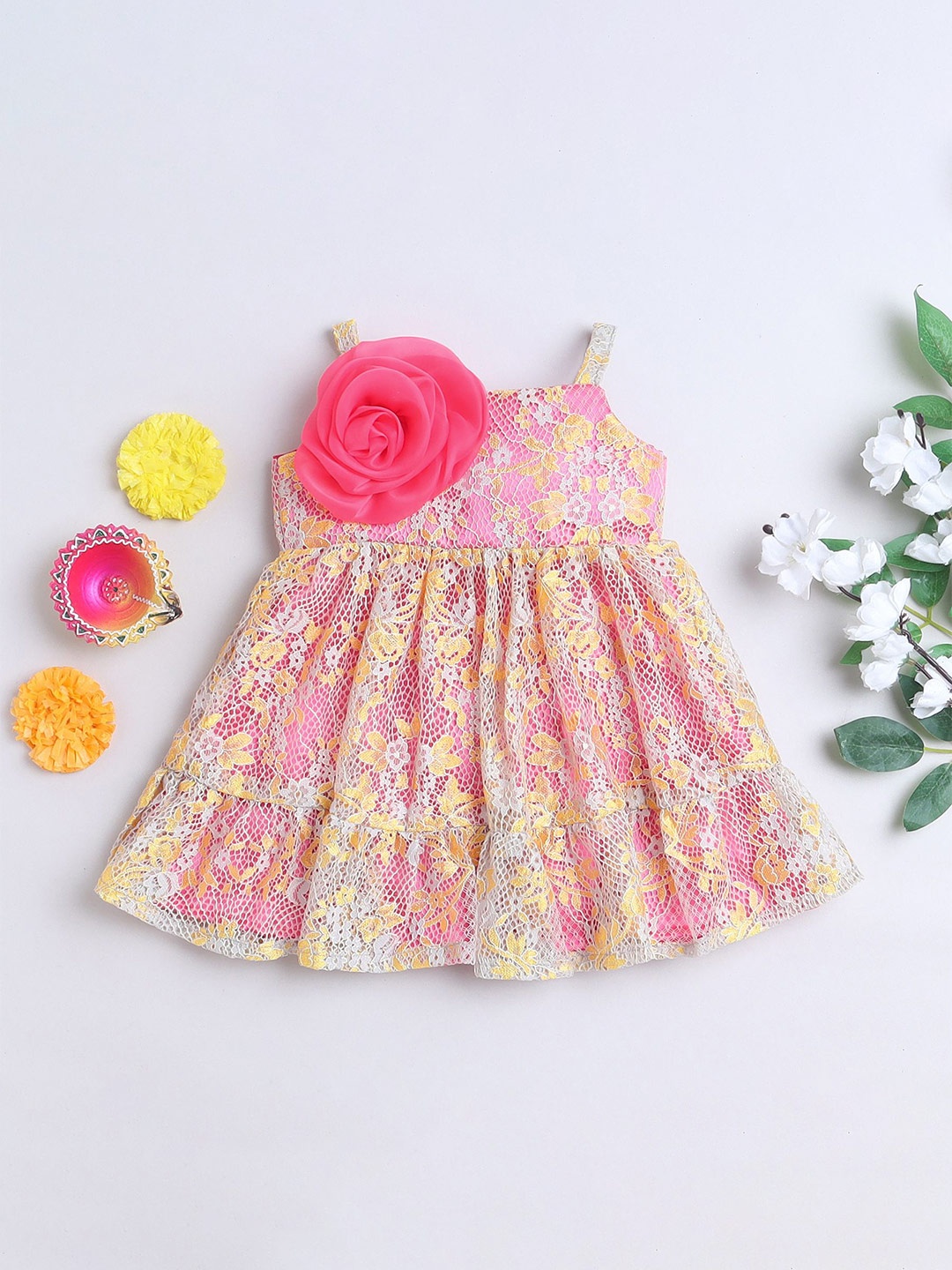 

MANY FROCKS & Girl Floral Print Net Fit & Flare Dress, Pink