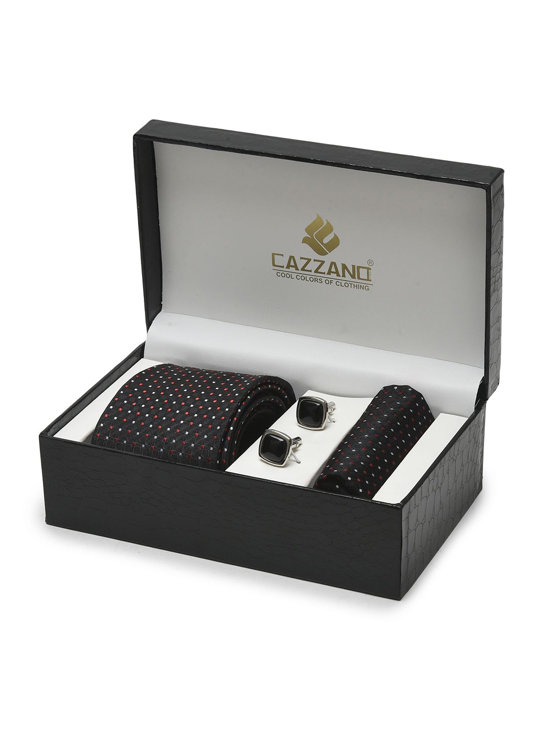 

Cazzano Men Micro Ditsy Printed Slim Tie, Cufflink & Pocket Square Accessory Gift Set, Black