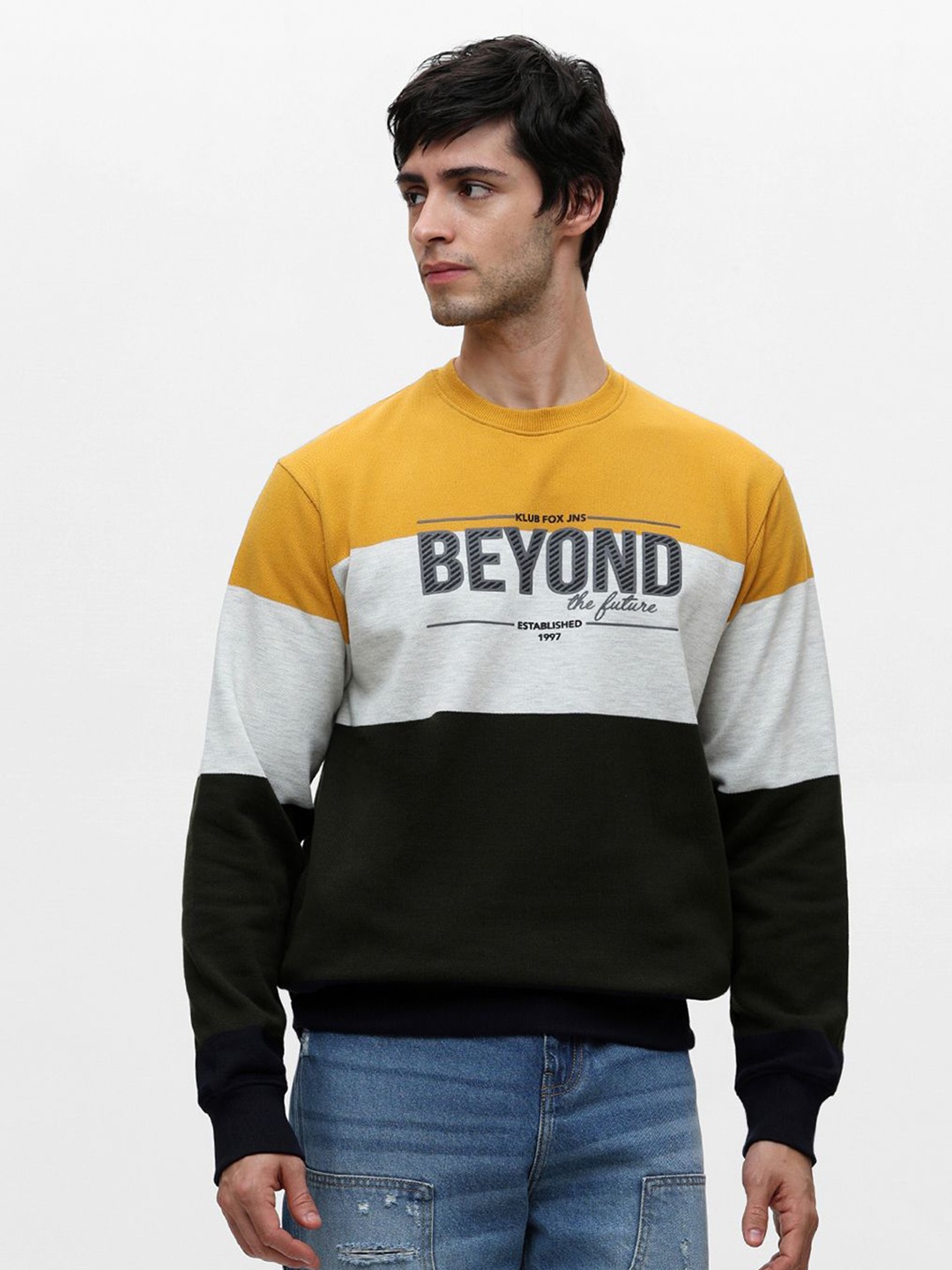 

Klub Fox Men Colourblocked Round Neck Cotton Pullover Sweatshirt, Mustard