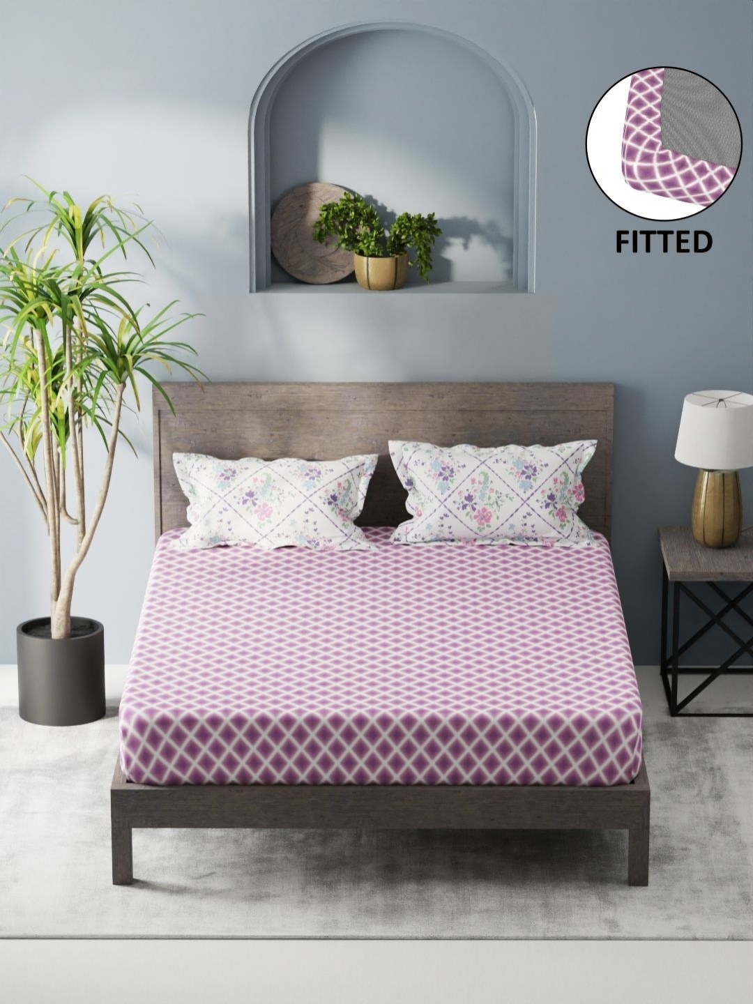 

KOPA Purple Printed Microfiber 200 TC Fitted King Bedsheet & 2 Pillow Covers 1.8 x 1.9m