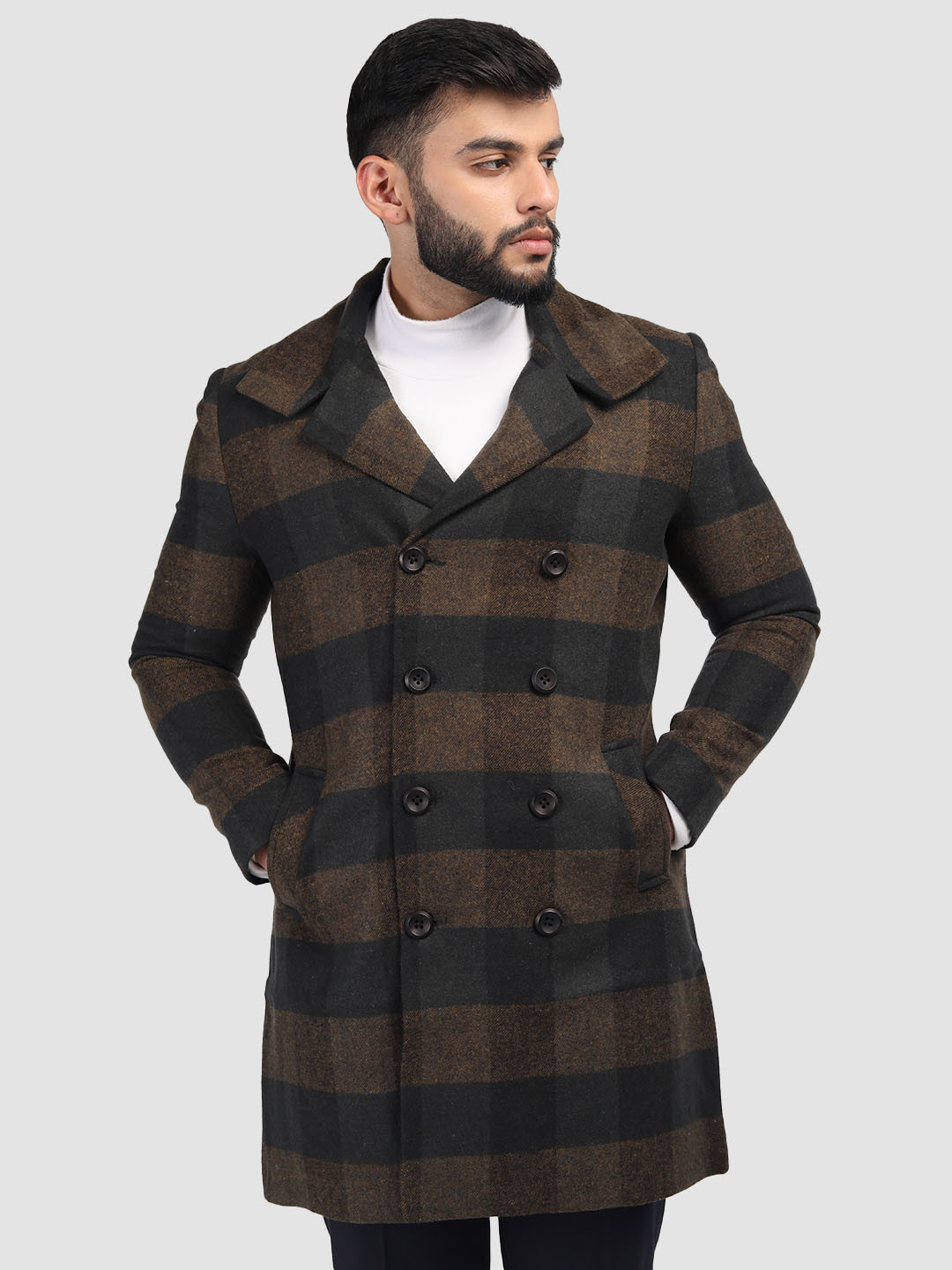 

HONNETE Men Checked Notched Lapel Collar Double-Breasted Trenchcoat, Brown