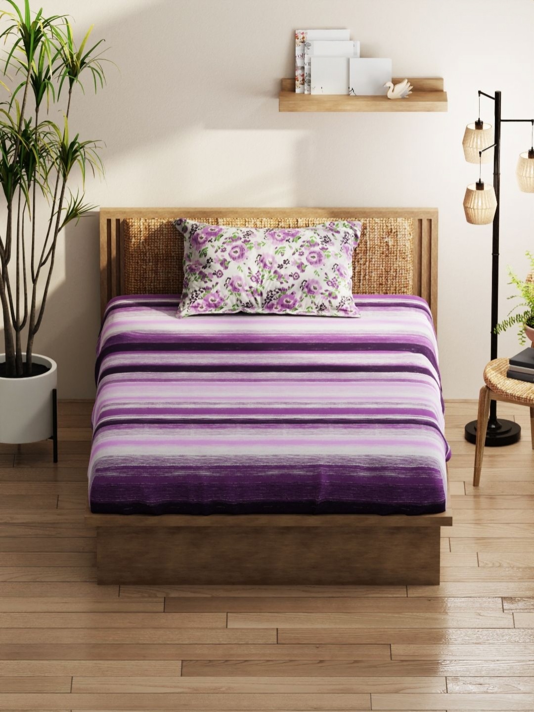 

KOPA Purple & White Striped 152 TC Queen Bedsheet with 2 Pillow Covers