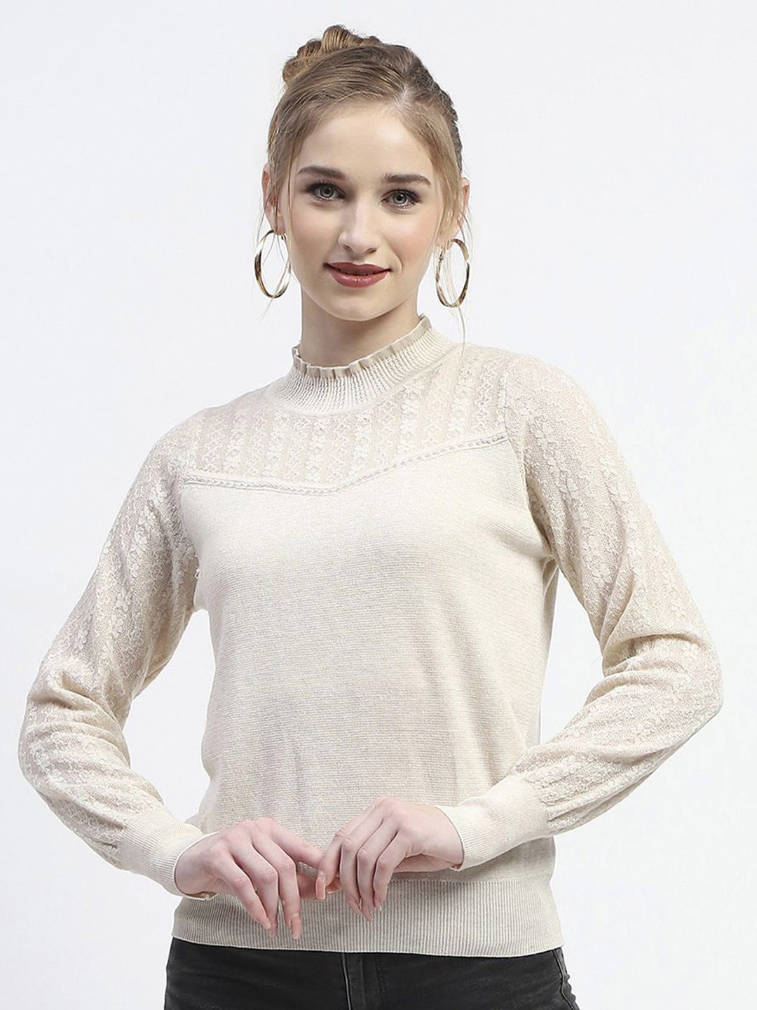 

Madame Women Self Design High Neck Acrylic Top, Beige