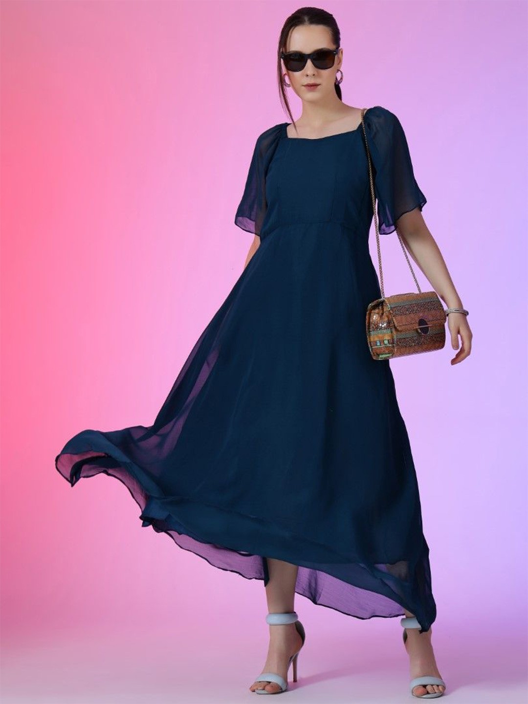 

Krunal Raiyani Women Solid Bell Sleeve Fit & Flare Maxi Dress, Blue