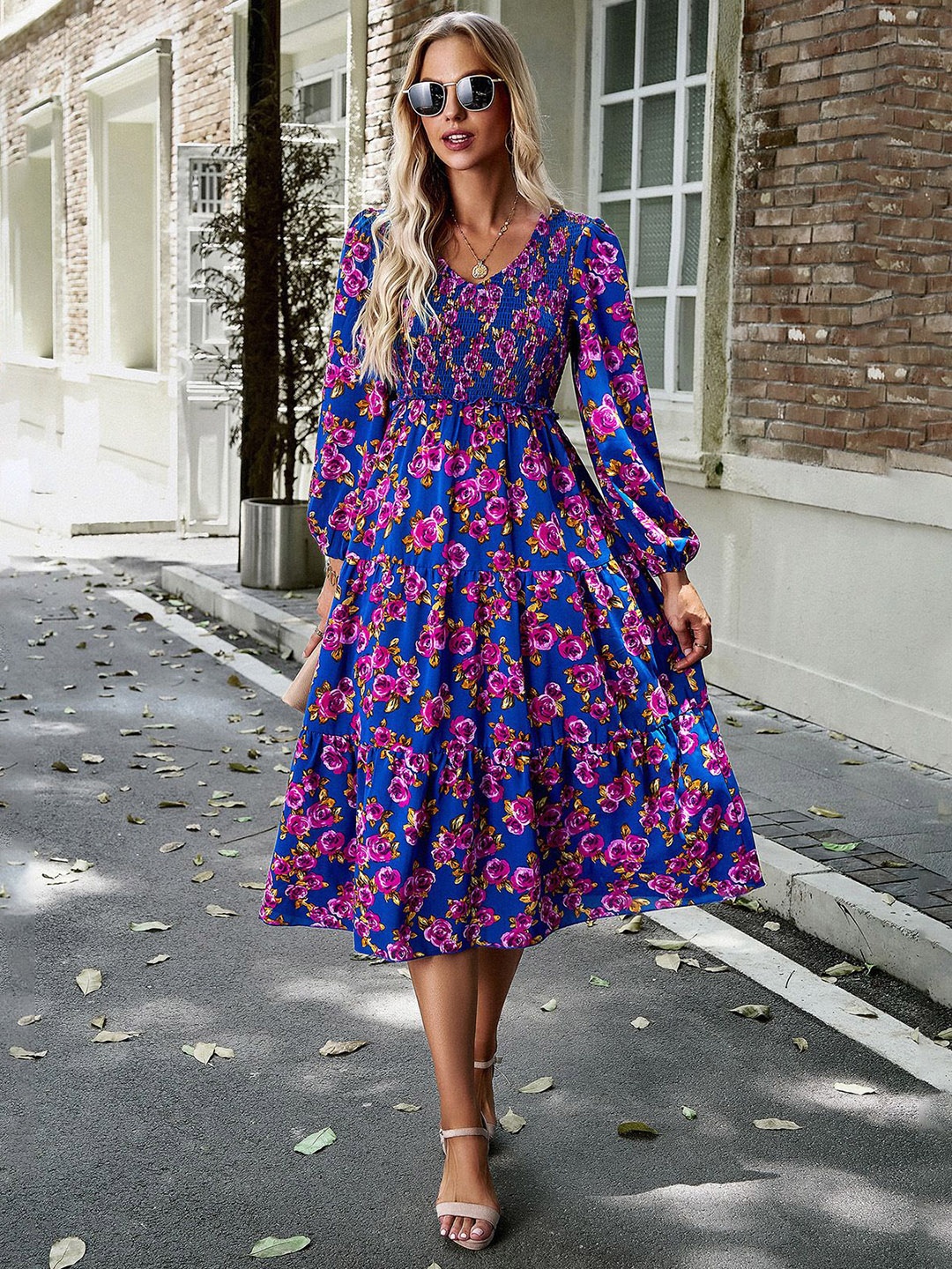 

StyleCast Women Floral Printed Smocked Fit & Flare Midi Dress, Blue