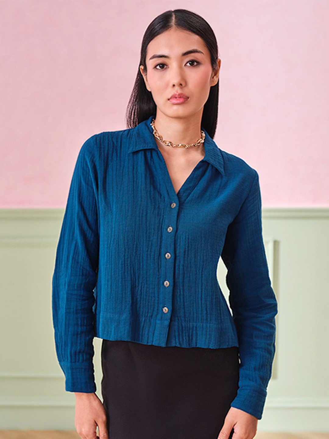 

AND Women Solid Shirt Collar Cotton Top, Teal