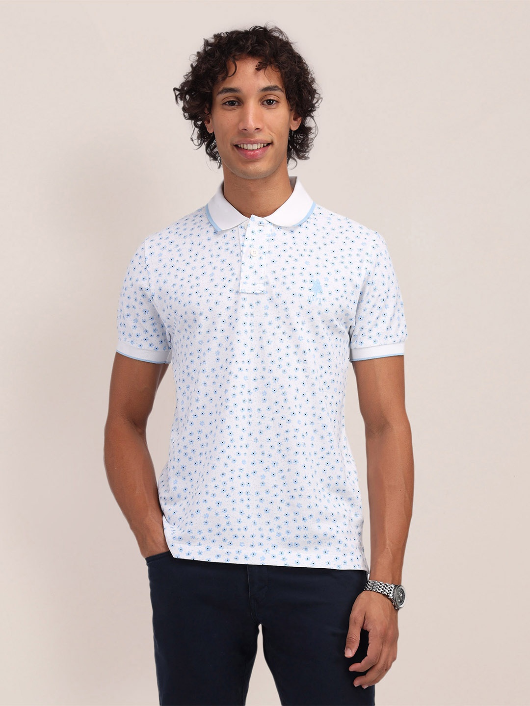 

U.S. Polo Assn. Floral Printed Polo Collar Pure Cotton Slim Fit T-shirt, White