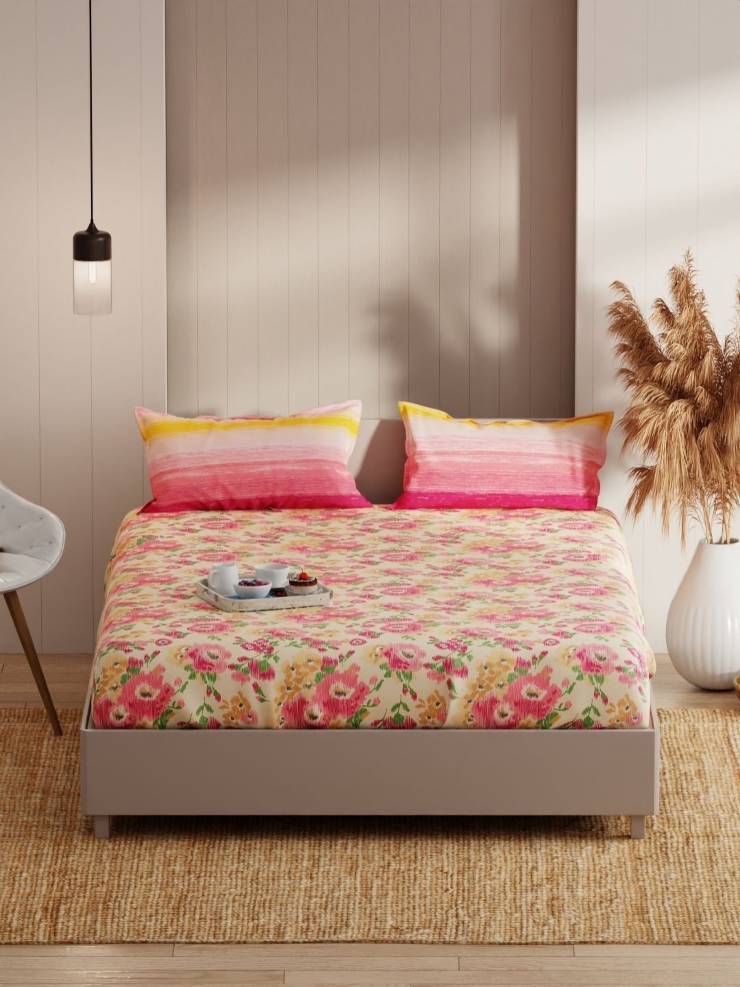 

KOPA Beige & Pink Printed Microfiber 152 TC Queen Bedsheet with 2 Pillow Covers 2.3 x 2.5m