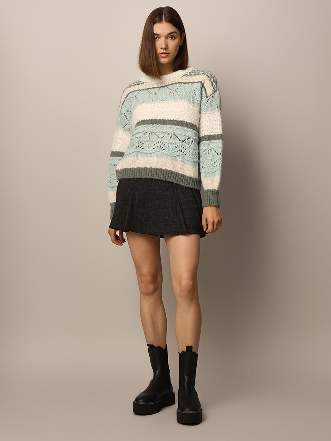 

ONLY Women Self Design Pullover with Fuzzy Detail Sweater, Green