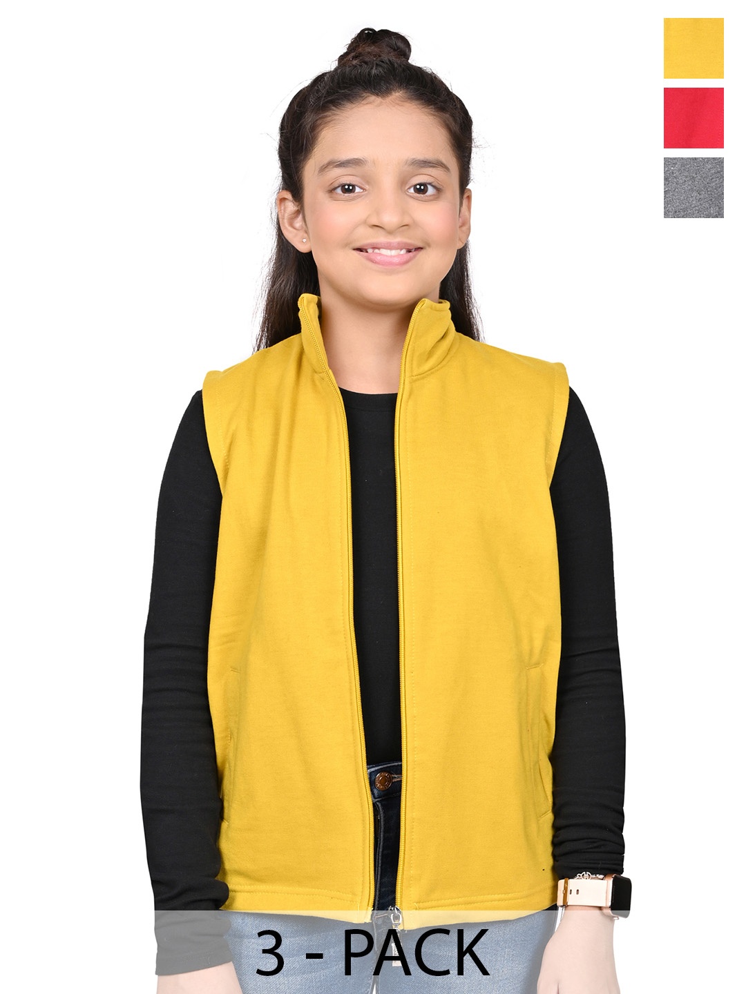 

BAESD Girls Pack Of 3 Mock Collar Solid Fleece Casual Open Front Jackets, Yellow