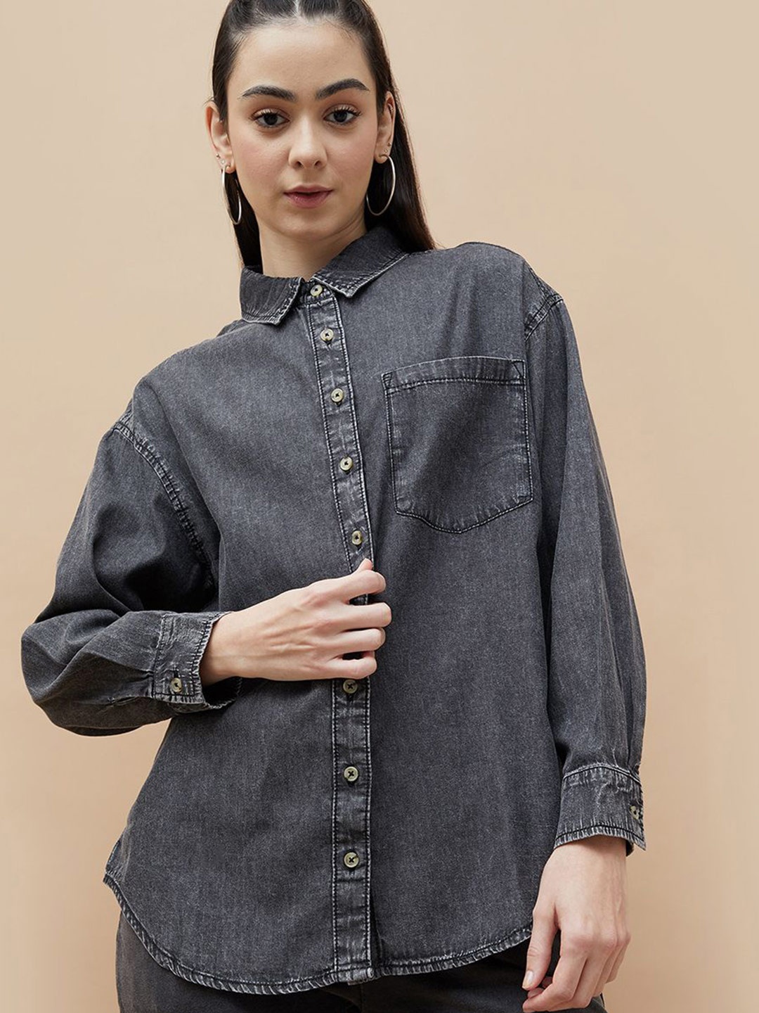 

Ginger by Lifestyle Women Solid Shirt Collar Cotton Top, Black
