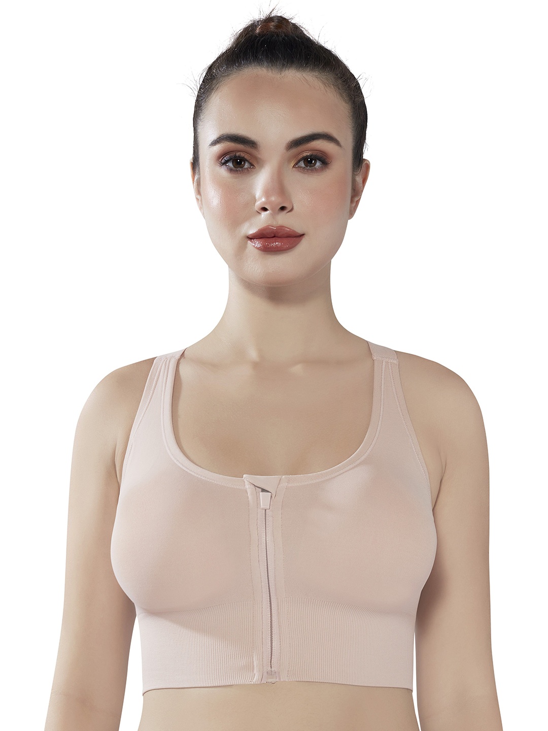

PLUMBURY Full Coverage Lightly Padded Front Zip Rapid Dry Workout Sports Bra, Beige