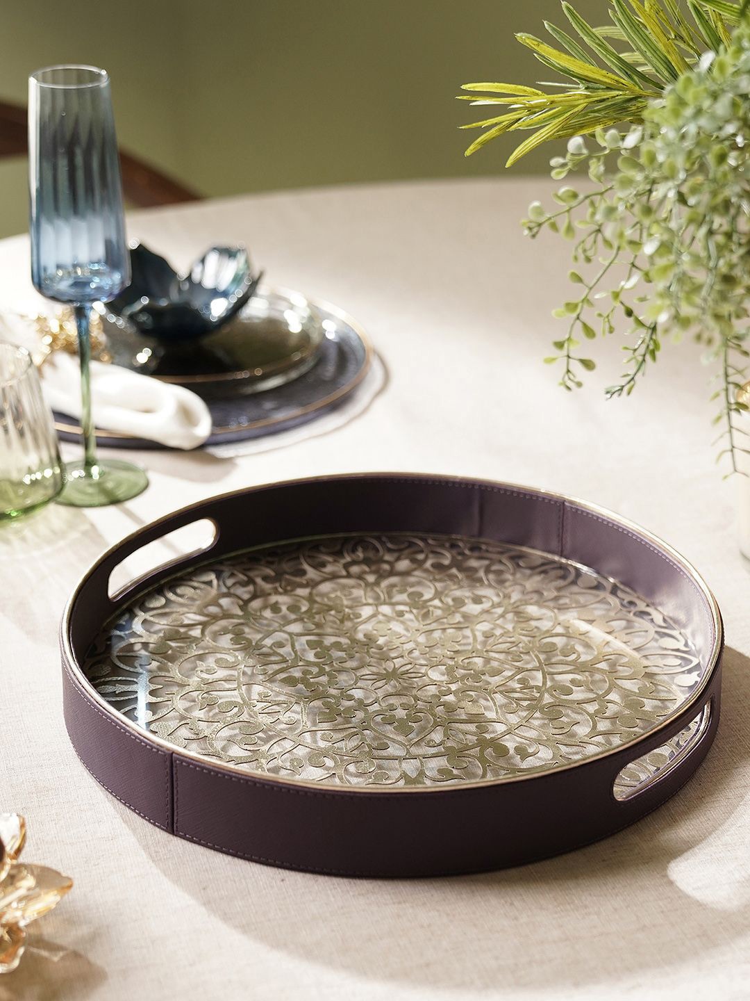 

Pure Home and Living Purple Lazer Cut Faux Leather Round Glass Serving Tray