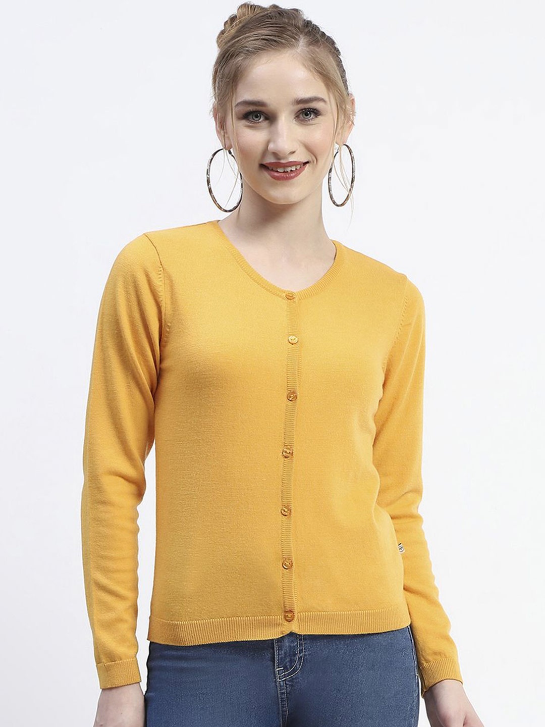 

Madame Women Solid Ribbed Cardigan Sweater, Mustard