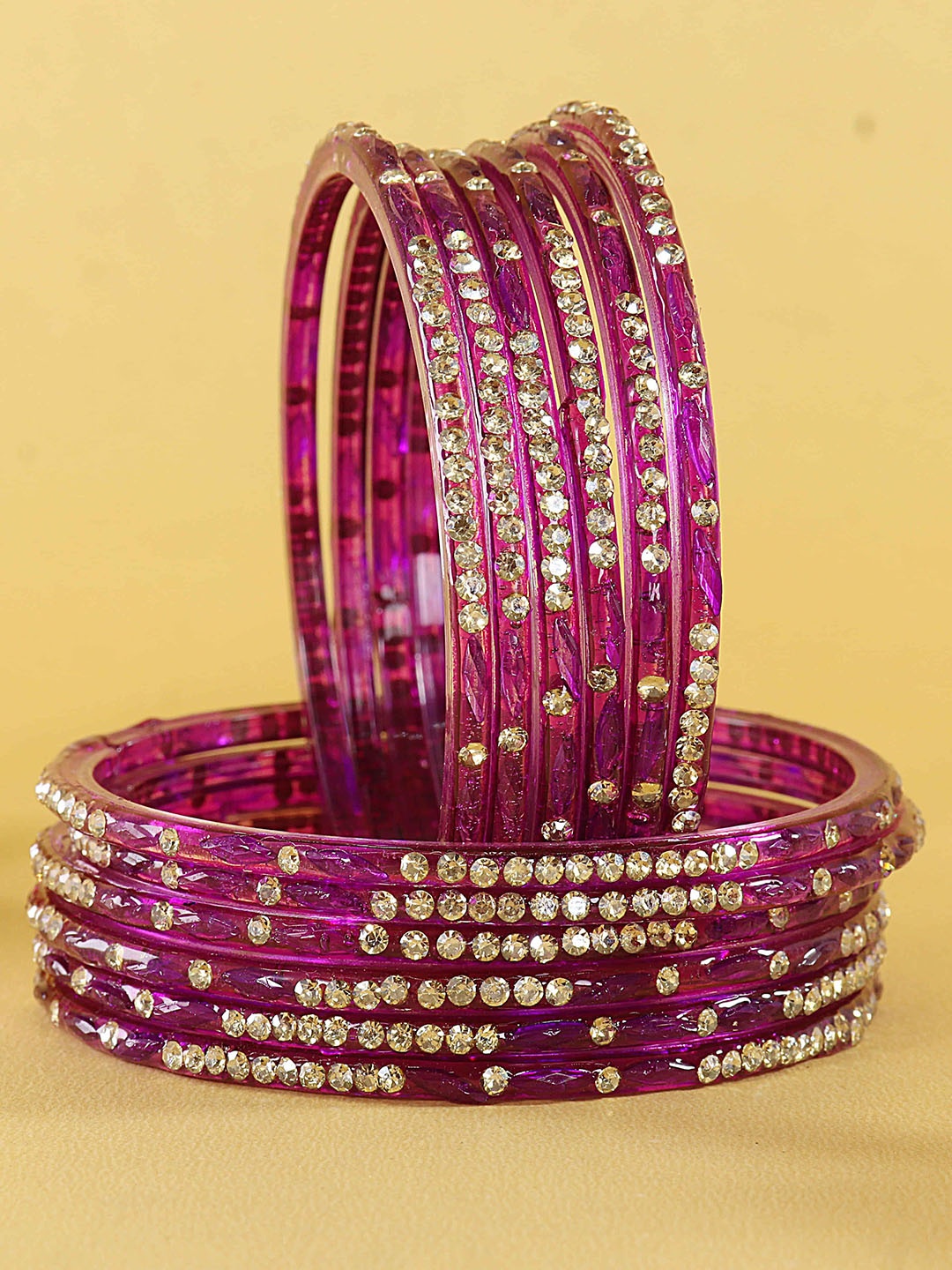 

LAVAZZA Set Of 12 Zircon Diamond & Beads Work Glass Bangles, Purple