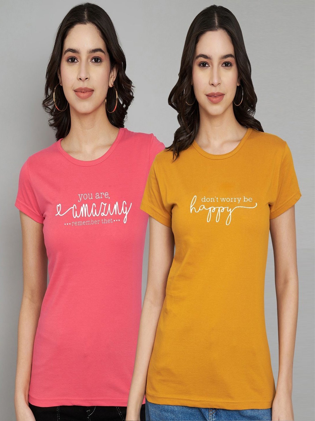 

Trend Level Women Pack Of 2 Typography Printed Round Neck Cotton T-shirts, Coral
