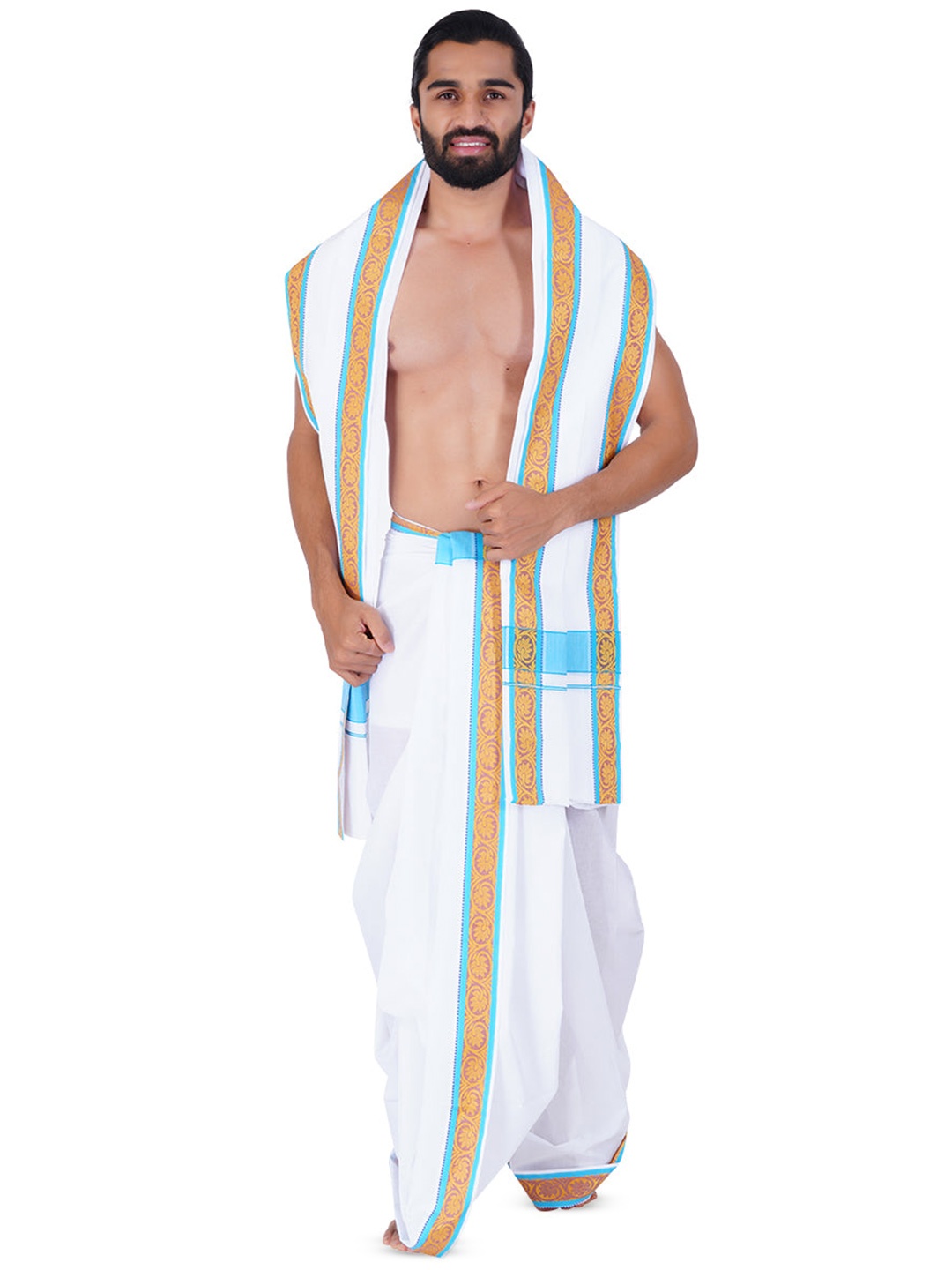 

Ramraj Men Cotton Panchakacham Dhoti with Angavastram, White