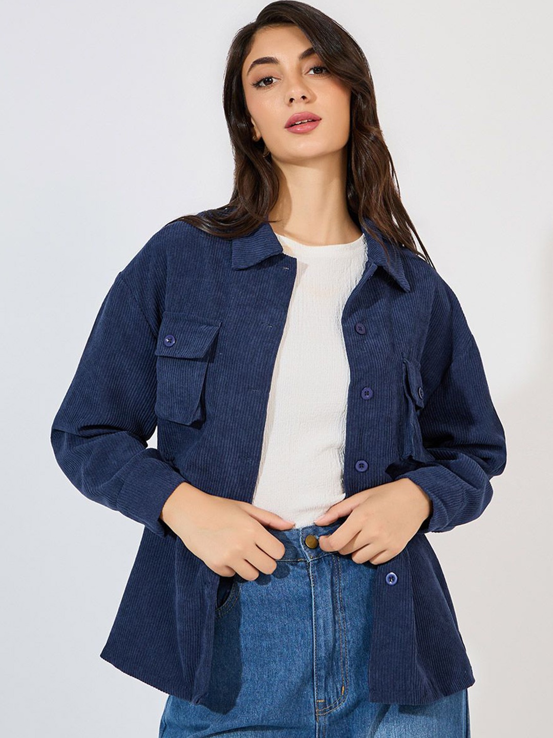 

Styli Women Spread Collar Self Design Corduroy Casual Open Front Jacket, Navy blue