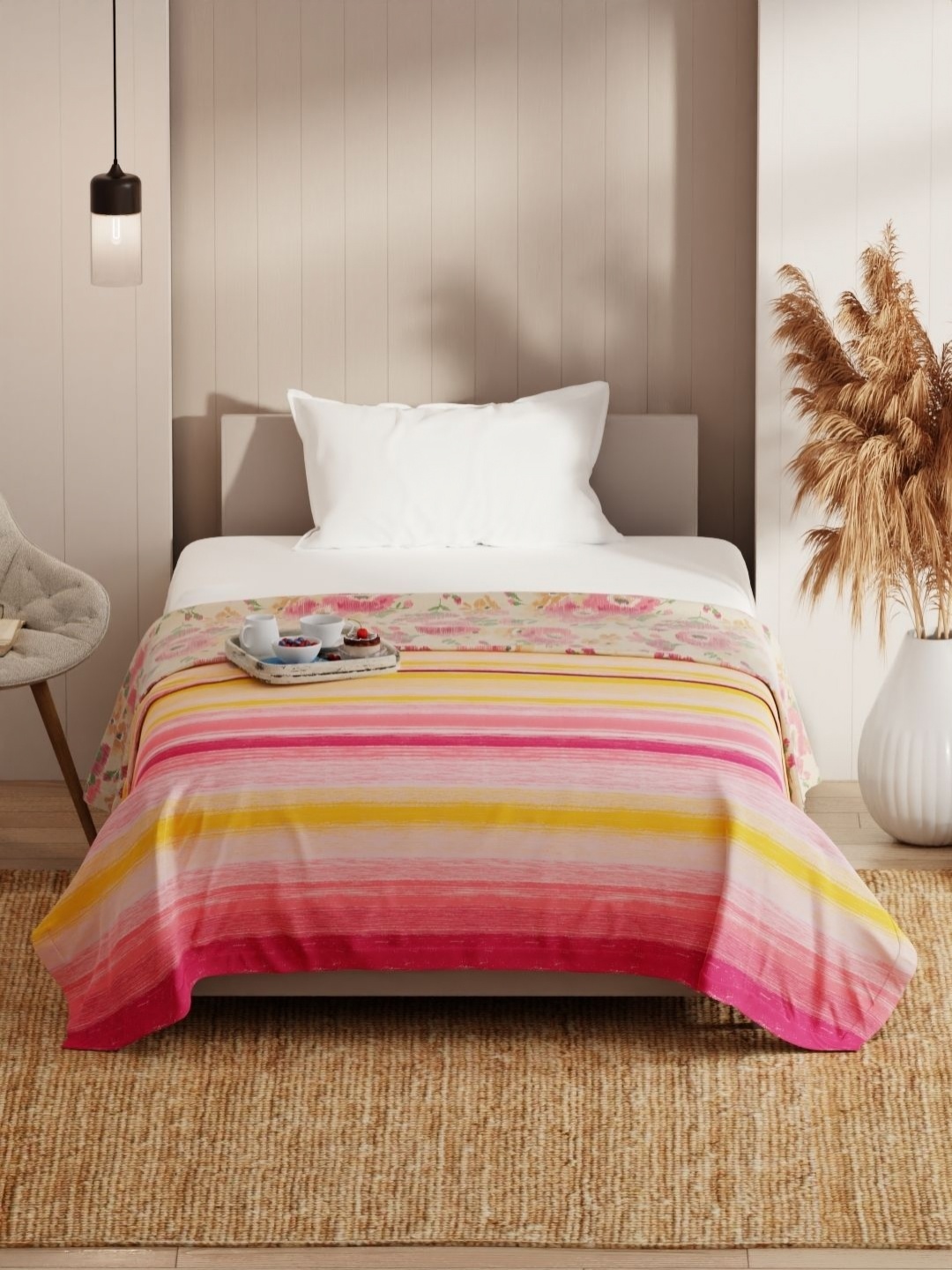 

KOPA Bio Soft Cotton Pink & Yellow Striped Microfiber AC Room 150 GSM Single Bed Dohar