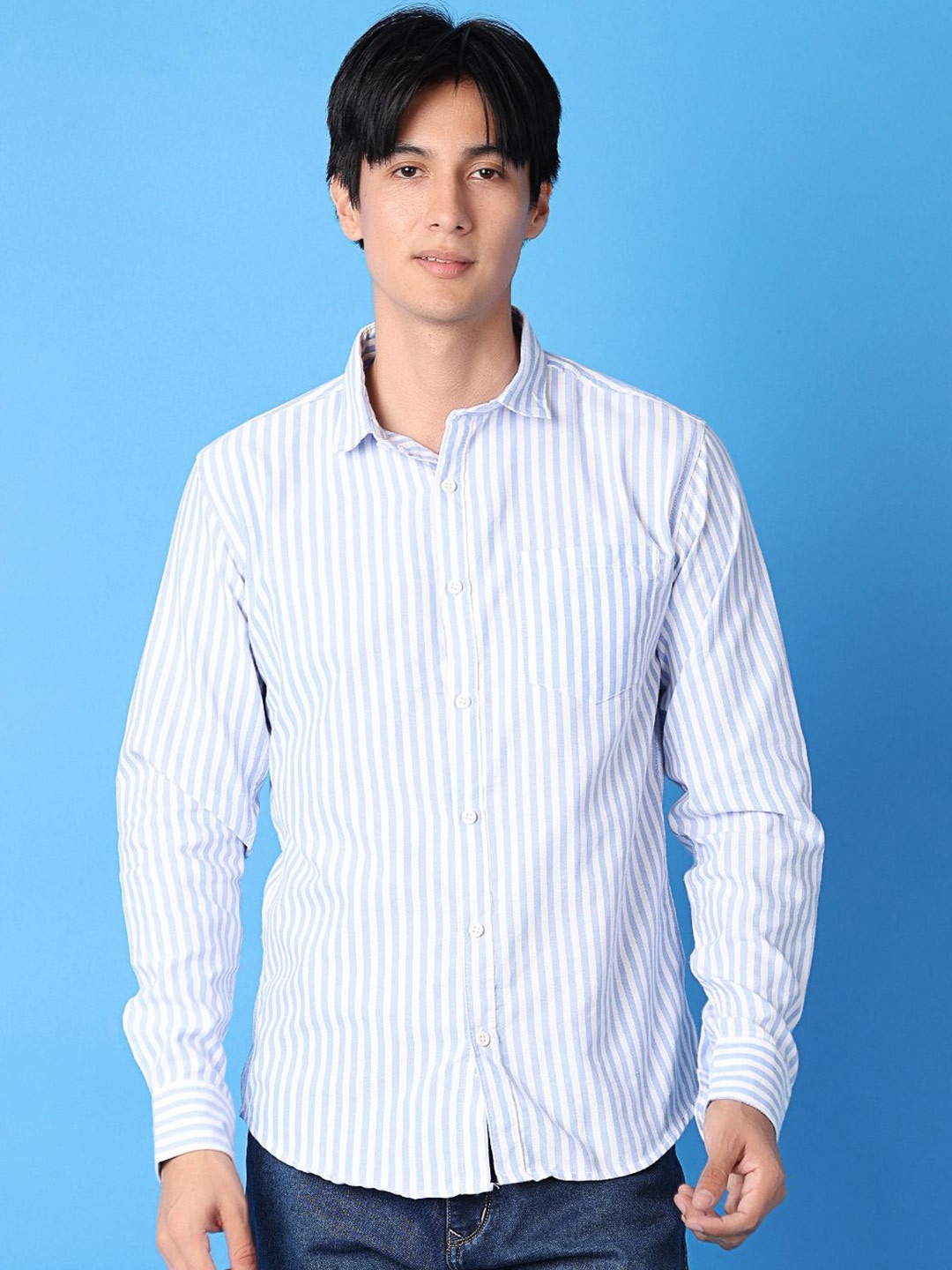 

V-Mart Men Spread Collar Vertical Striped Cotton Casual Shirt, Blue